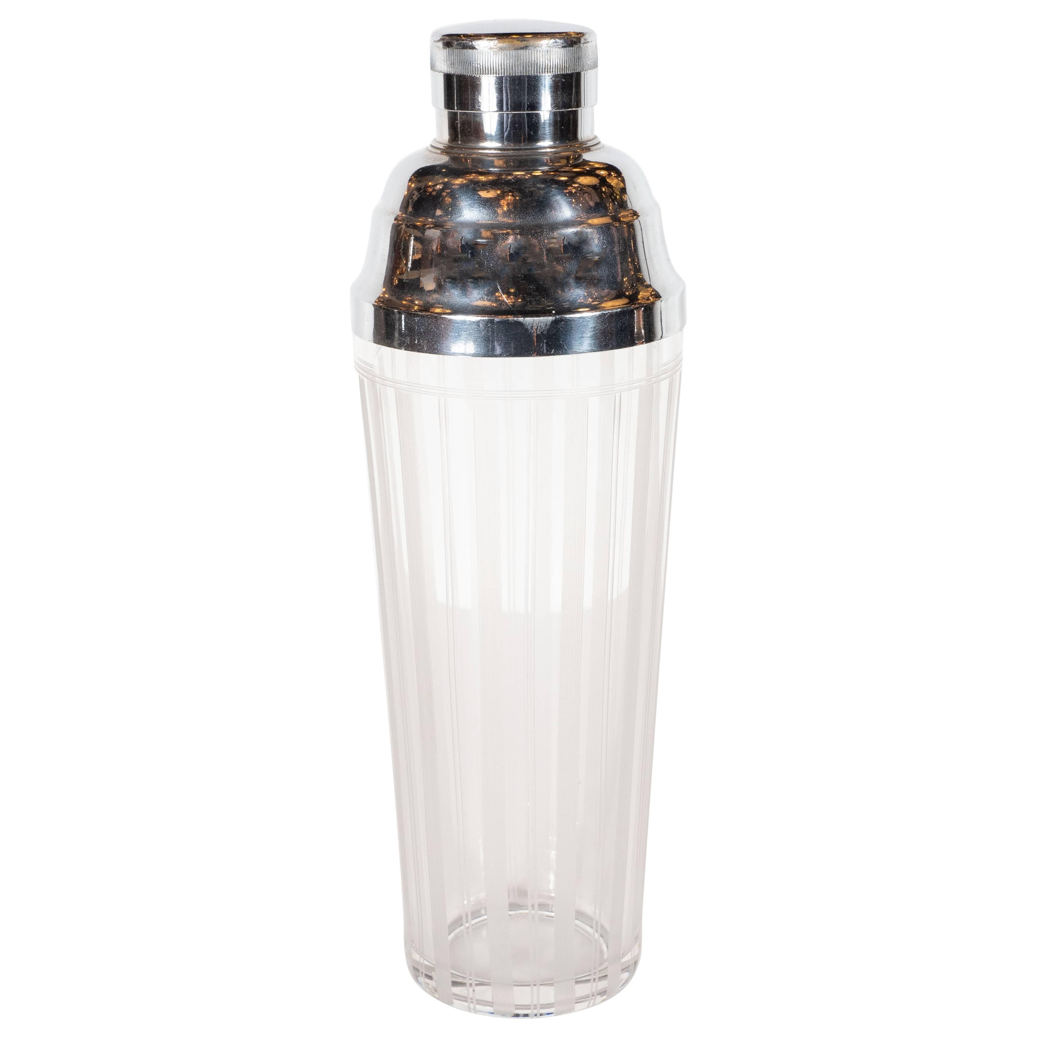 American Art Deco Machine Age Etched Glass and Chrome Cocktail Shaker
