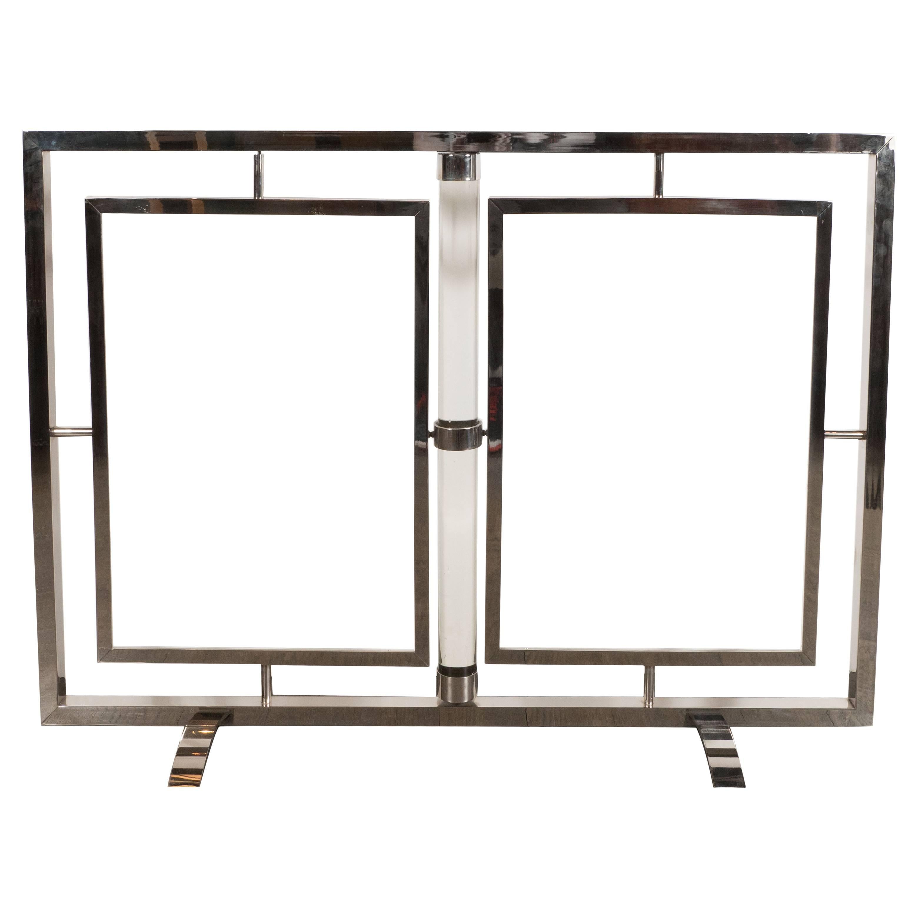 American Art Deco Machine Age Glass 
Nickel Firescreen in Donald Deskey Manner