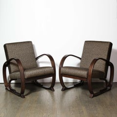 American Art Deco Open Form Streamlined "Halabala" Arm Chairs in Ebonized Walnut