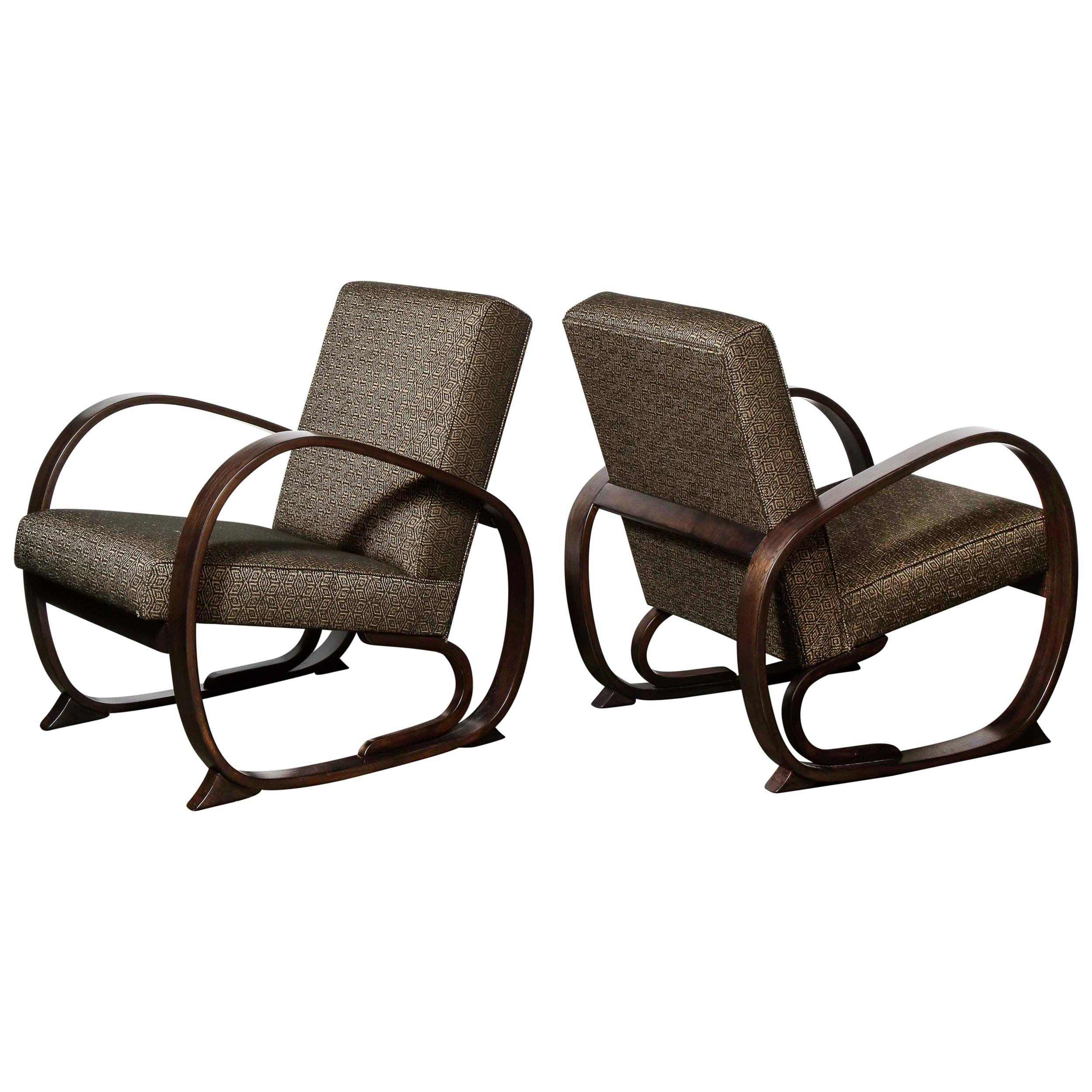 American Art Deco Open Form Streamlined "Halabala" Arm Chairs in Ebonized Walnut