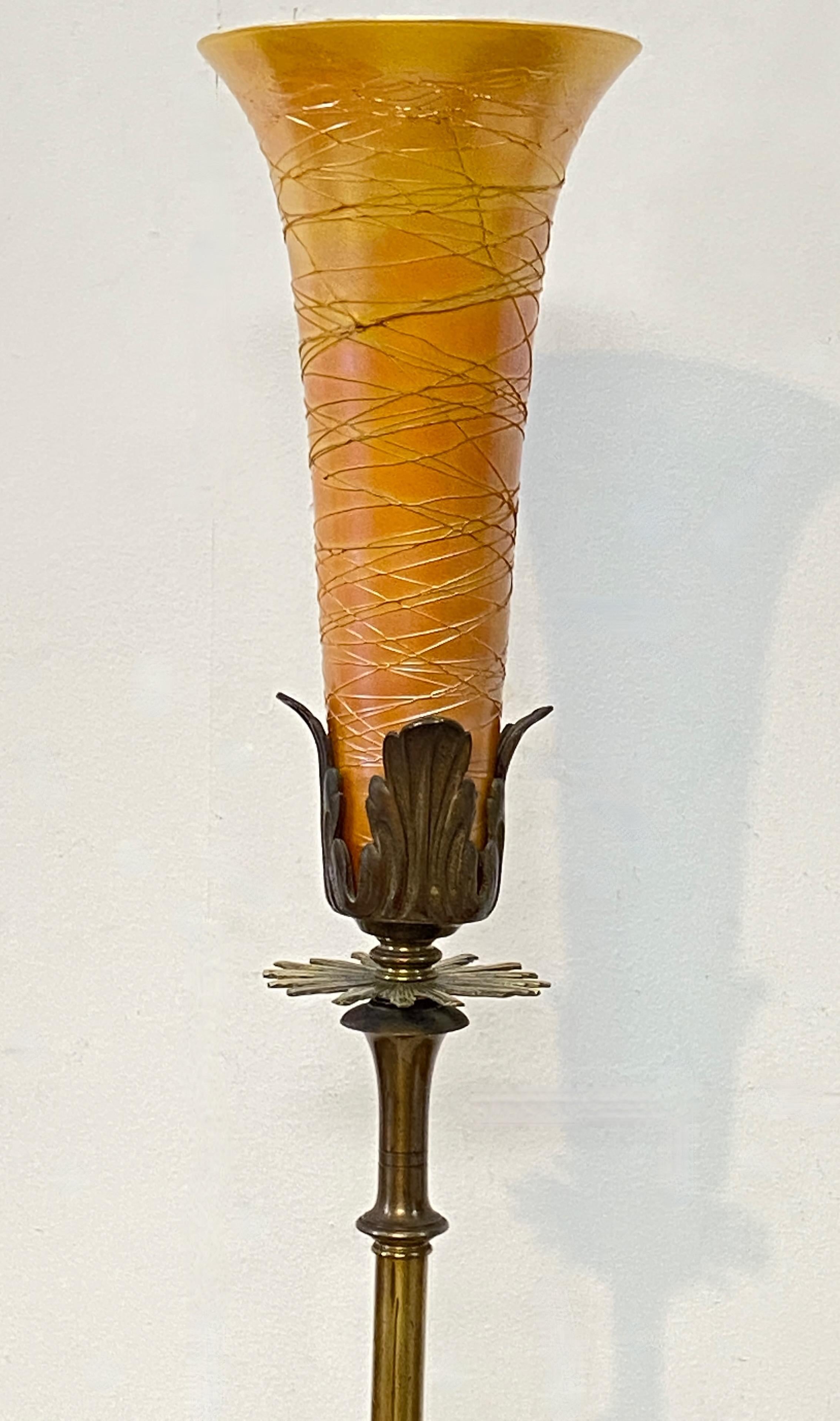 20th Century American Art Deco Period Floor Lamp with Durand Art Glass Shade, 1920's For Sale