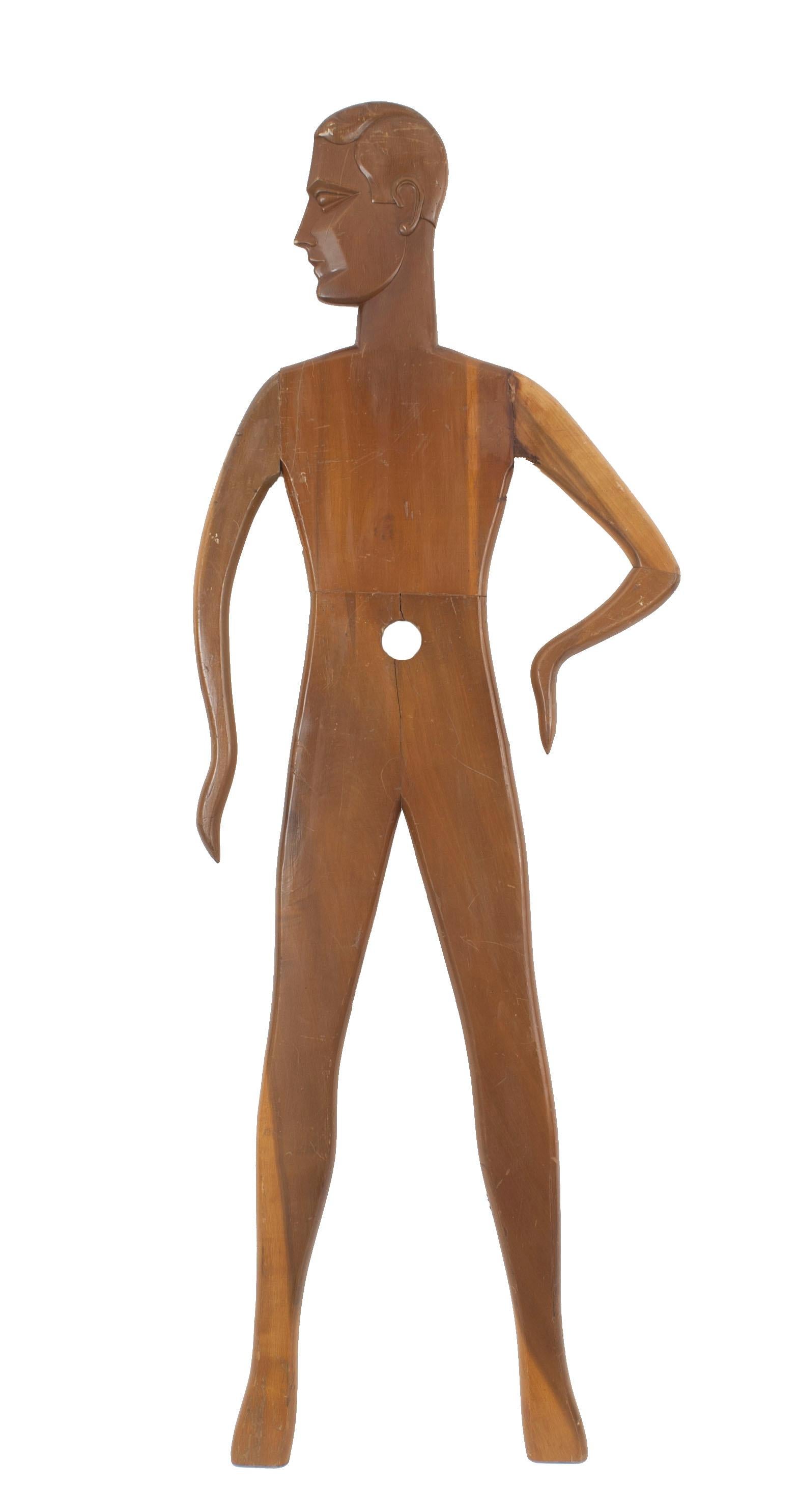 2 Figuras de hombre y mujer en panel de maniquí de pino teñido Art Decó americano con los brazos en alto (PRECIO CADA UNA) (2 similares CER086A).
  
