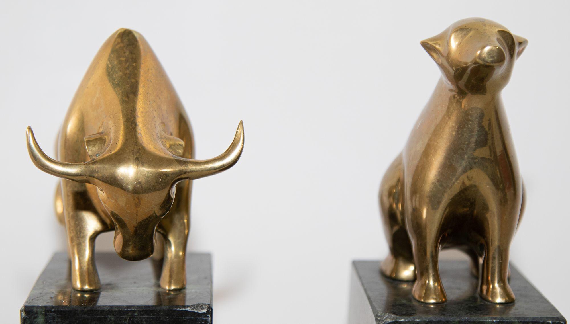 American Art Deco Polished Brass Bull and Bear Bookends Paperweights 1950s For Sale 4