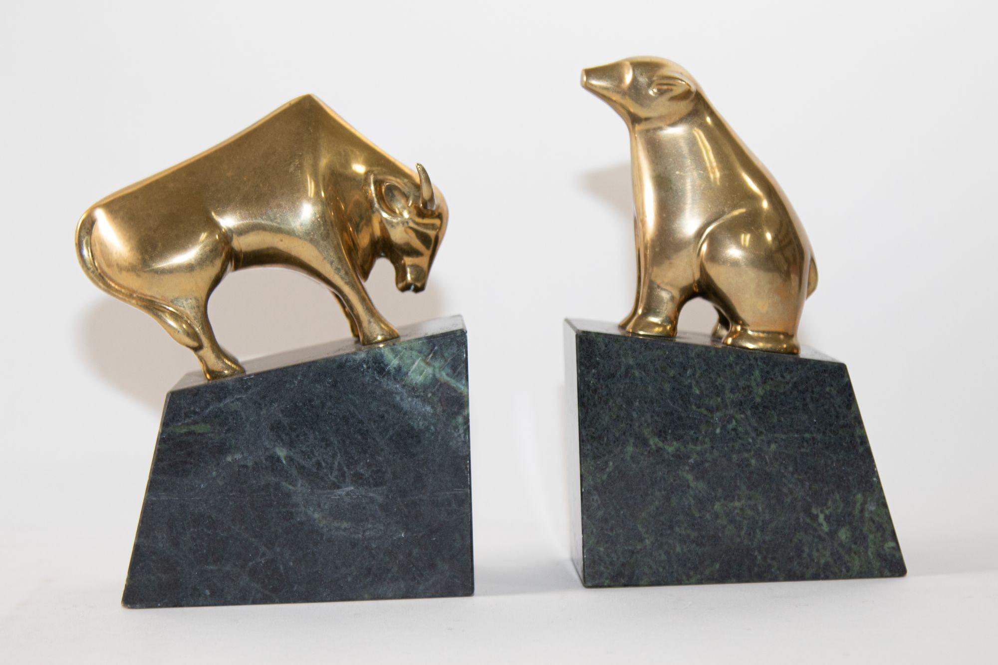 American Art Deco Polished Brass Bull and Bear Bookends Paperweights 1950s For Sale 7