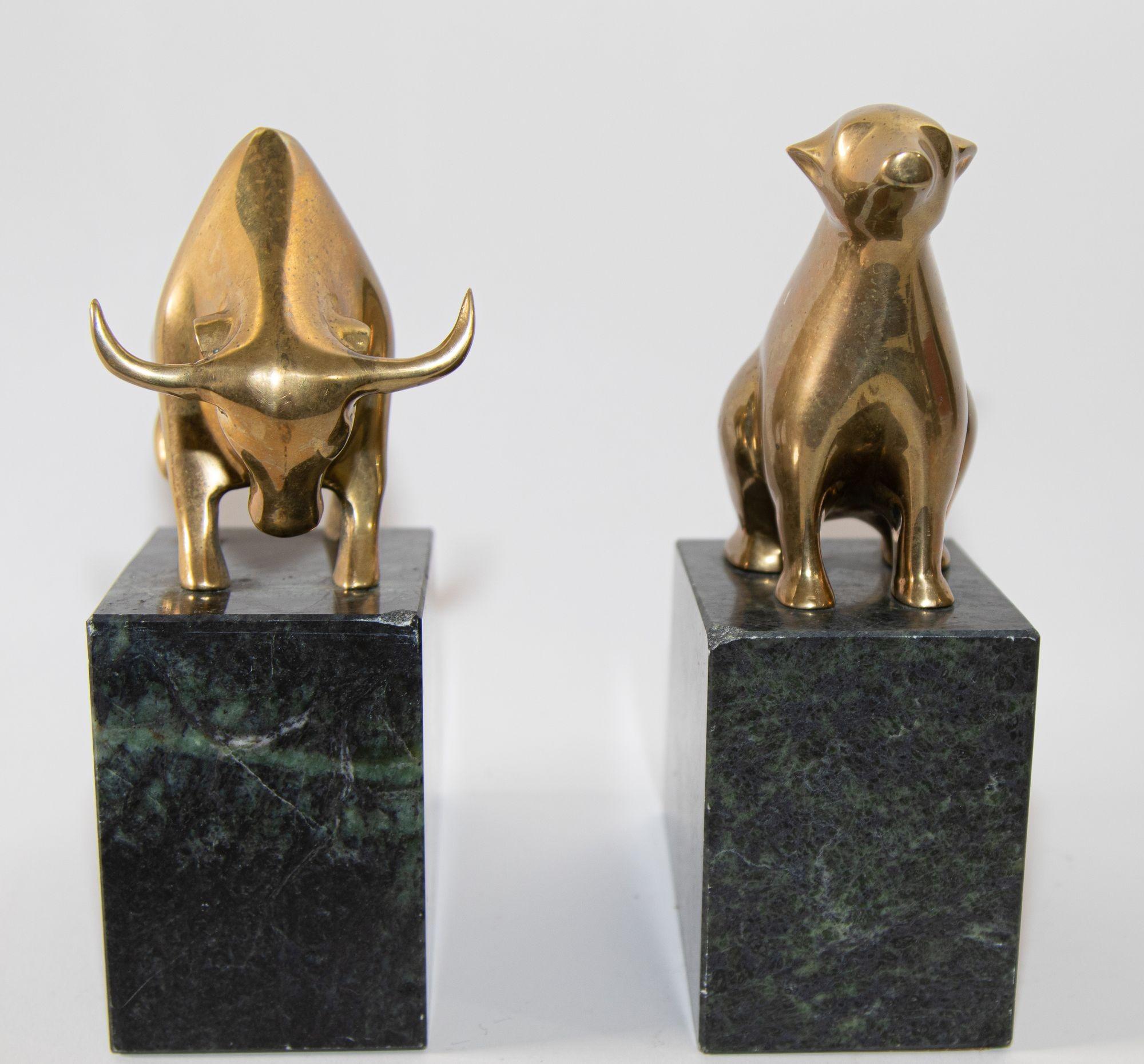 American Art Deco Polished Brass Bull and Bear Bookends Paperweights 1950s For Sale 8