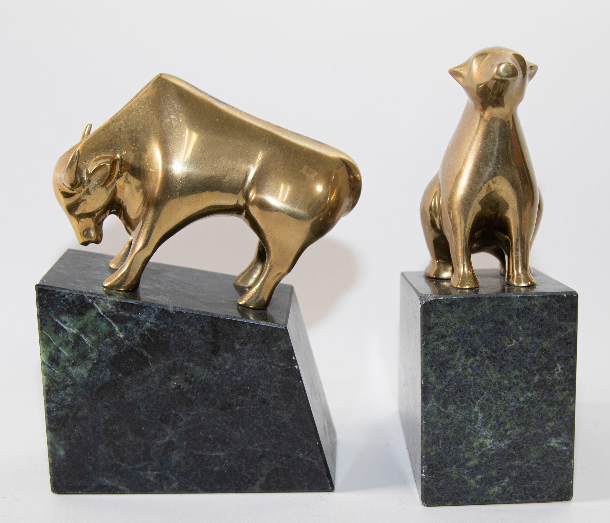 American Art Deco Polished Brass Bull and Bear Bookends Paperweights 1950s For Sale 9