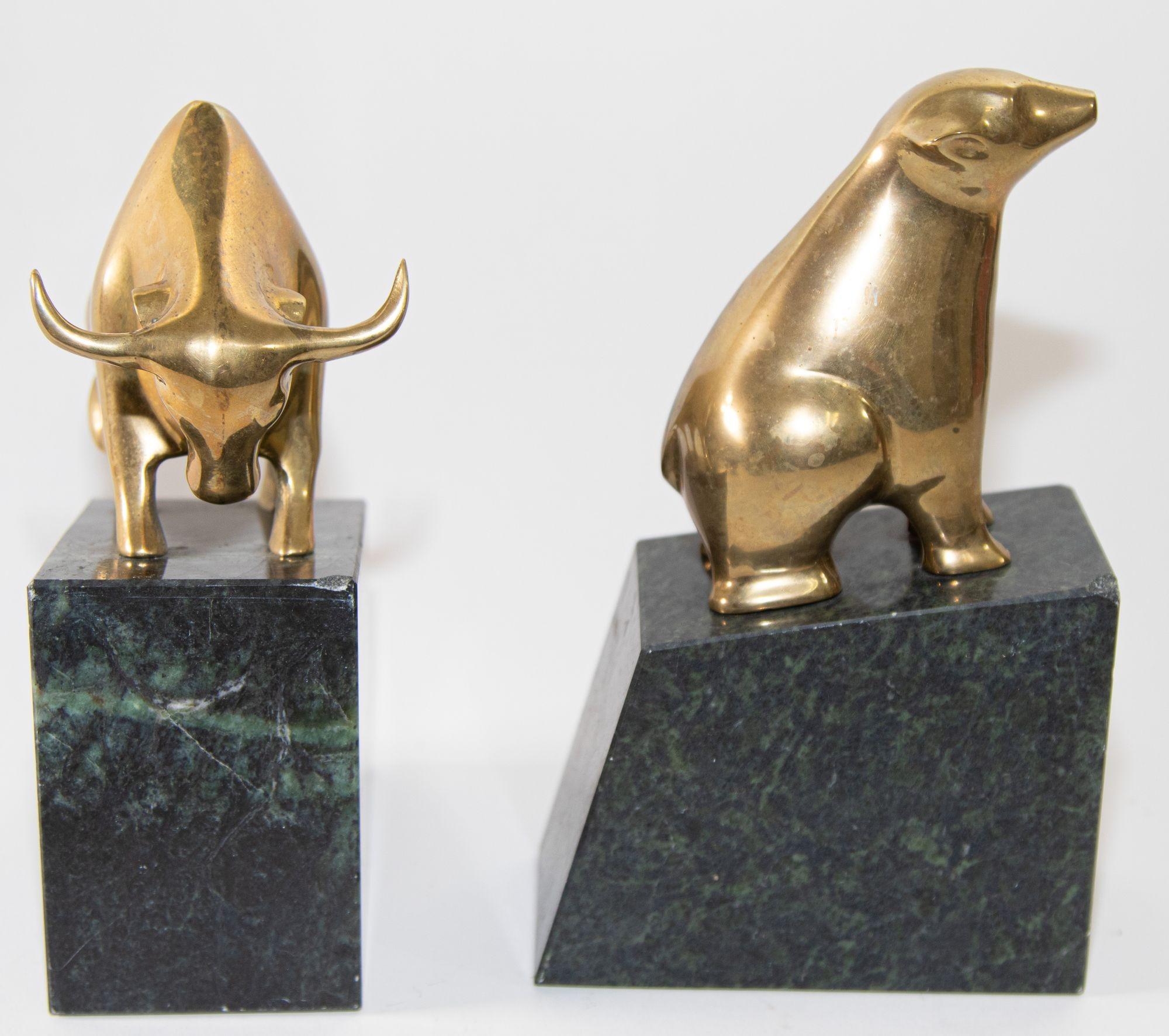American Art Deco Polished Brass Bull and Bear Bookends Paperweights 1950s In Good Condition For Sale In North Hollywood, CA