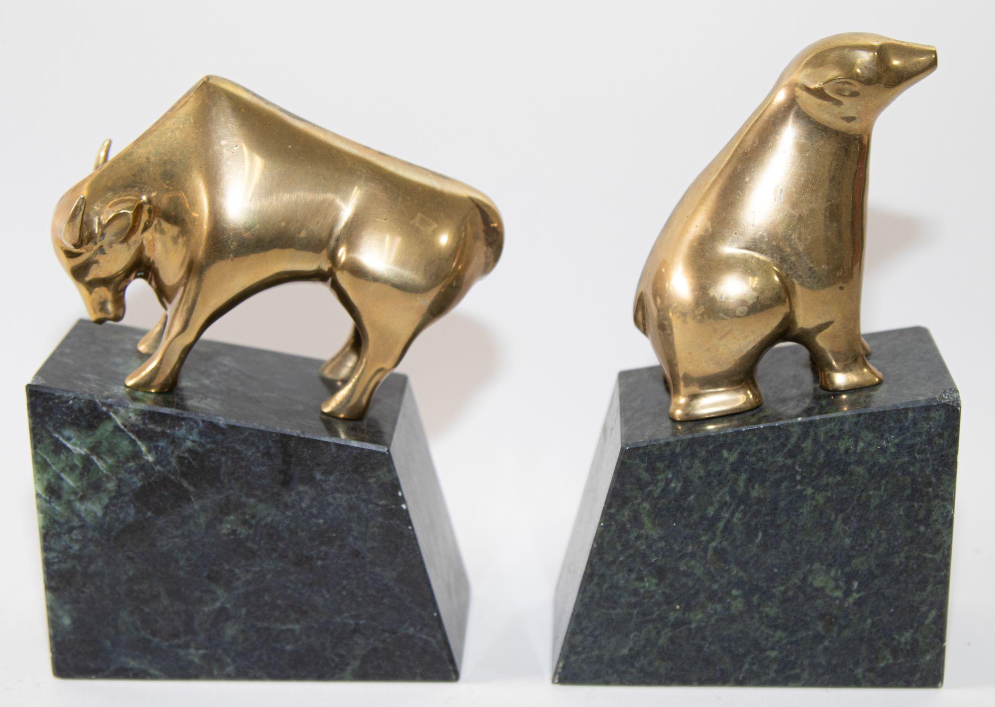 20th Century American Art Deco Polished Brass Bull and Bear Bookends Paperweights 1950s For Sale
