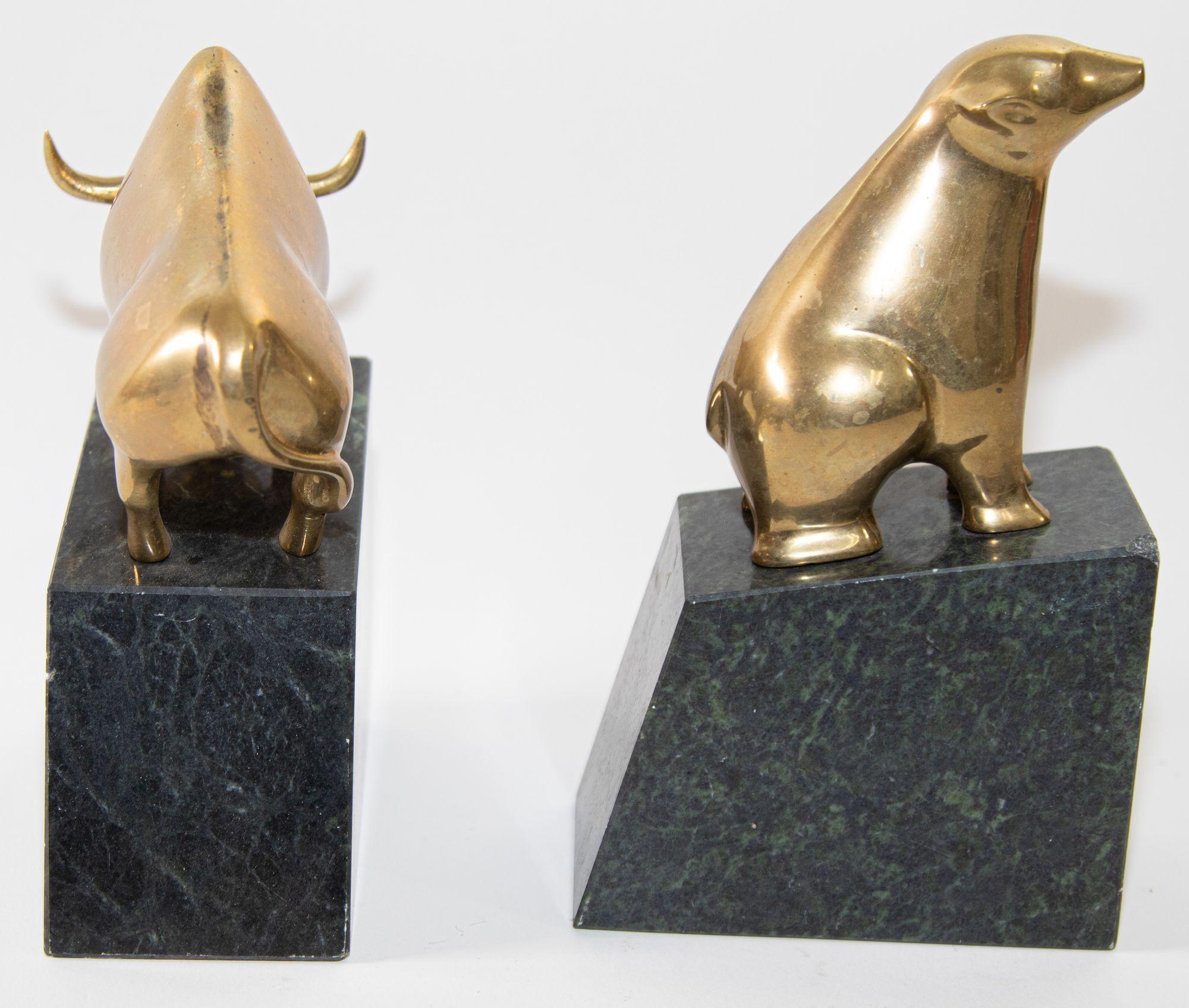 American Art Deco Polished Brass Bull and Bear Bookends Paperweights 1950s For Sale 1