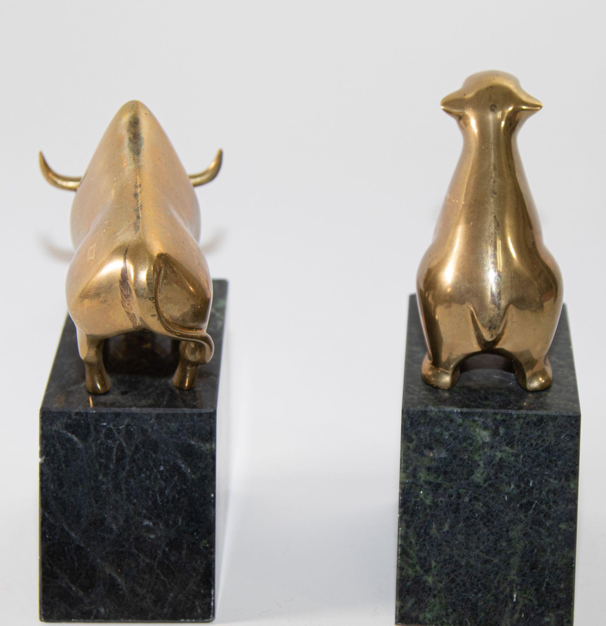 American Art Deco Polished Brass Bull and Bear Bookends Paperweights 1950s For Sale 2