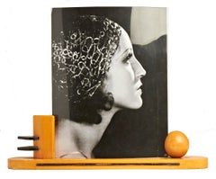 Cadre photo géométrique en bois polychrome Art Déco américain avec verre convexe