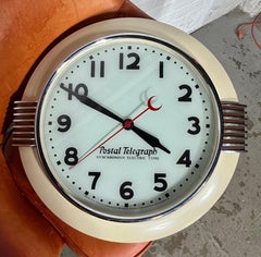 American Art Deco Postal Telegraph Clock, rare WHITE version, chrome speed lines