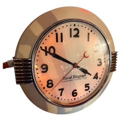 American Art Deco Postal Telegraph Clock, rare WHITE version, chrome speed lines