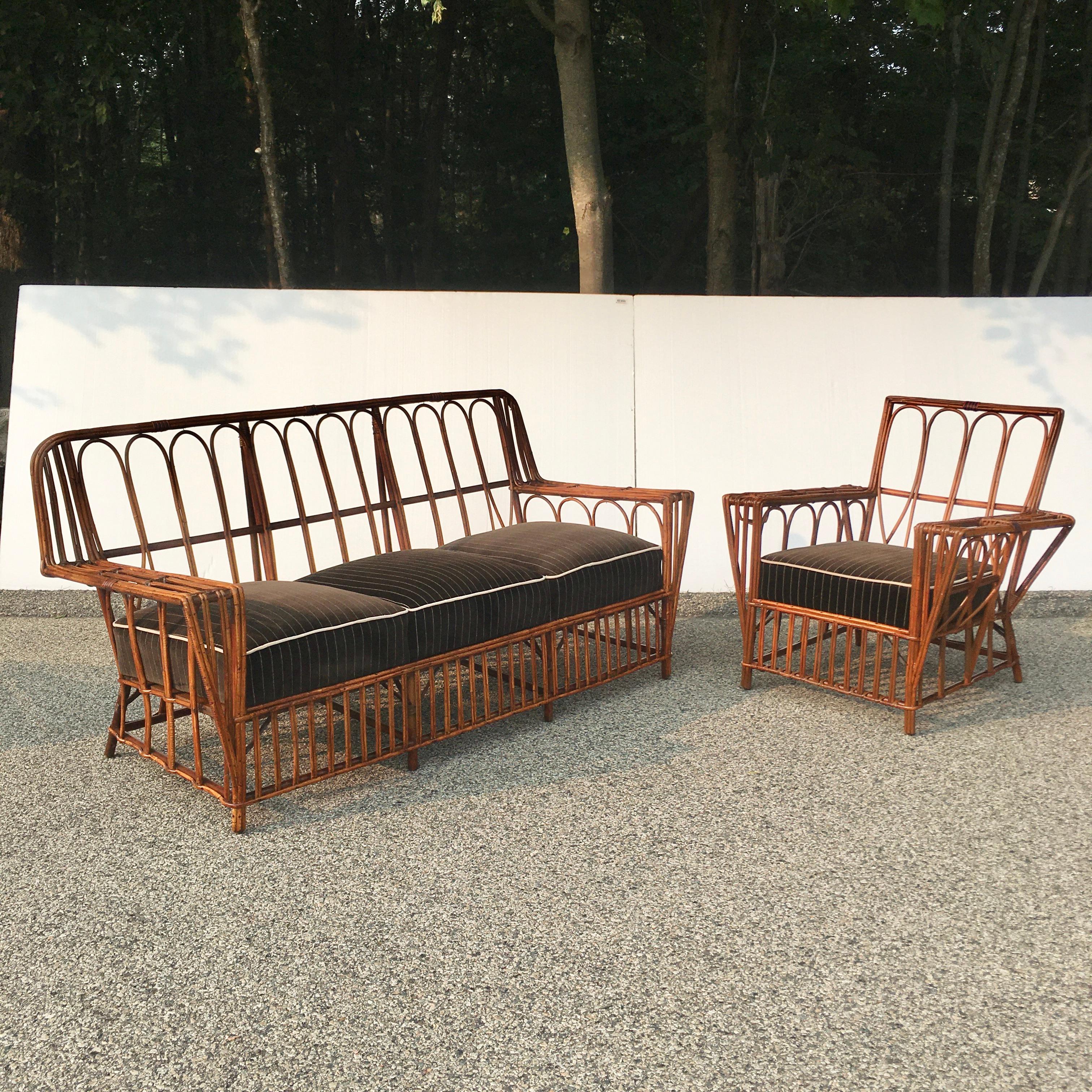 Canapé et fauteuil en rotin Art Déco américain en vente 3