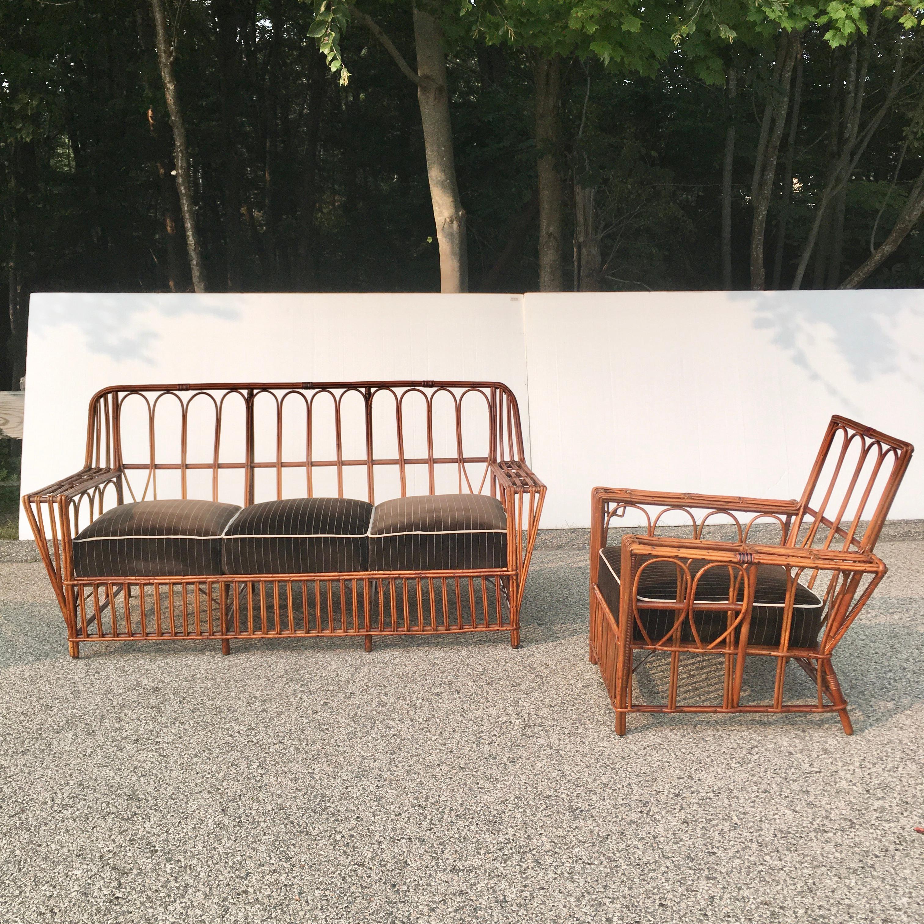 Woven American Art Deco Rattan Sofa and Armchair