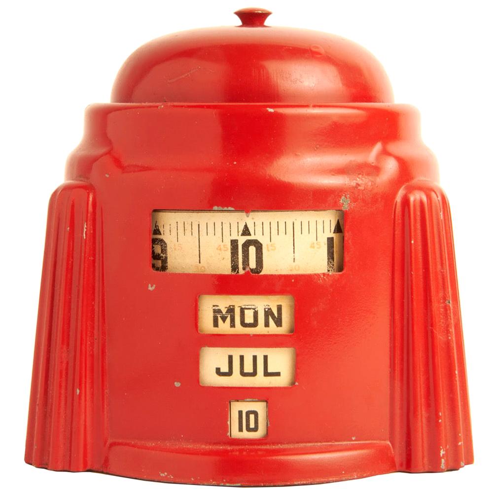 American Art Deco Red Kal-Klock Mechanical Combination Alarm Clock/Calendar For Sale