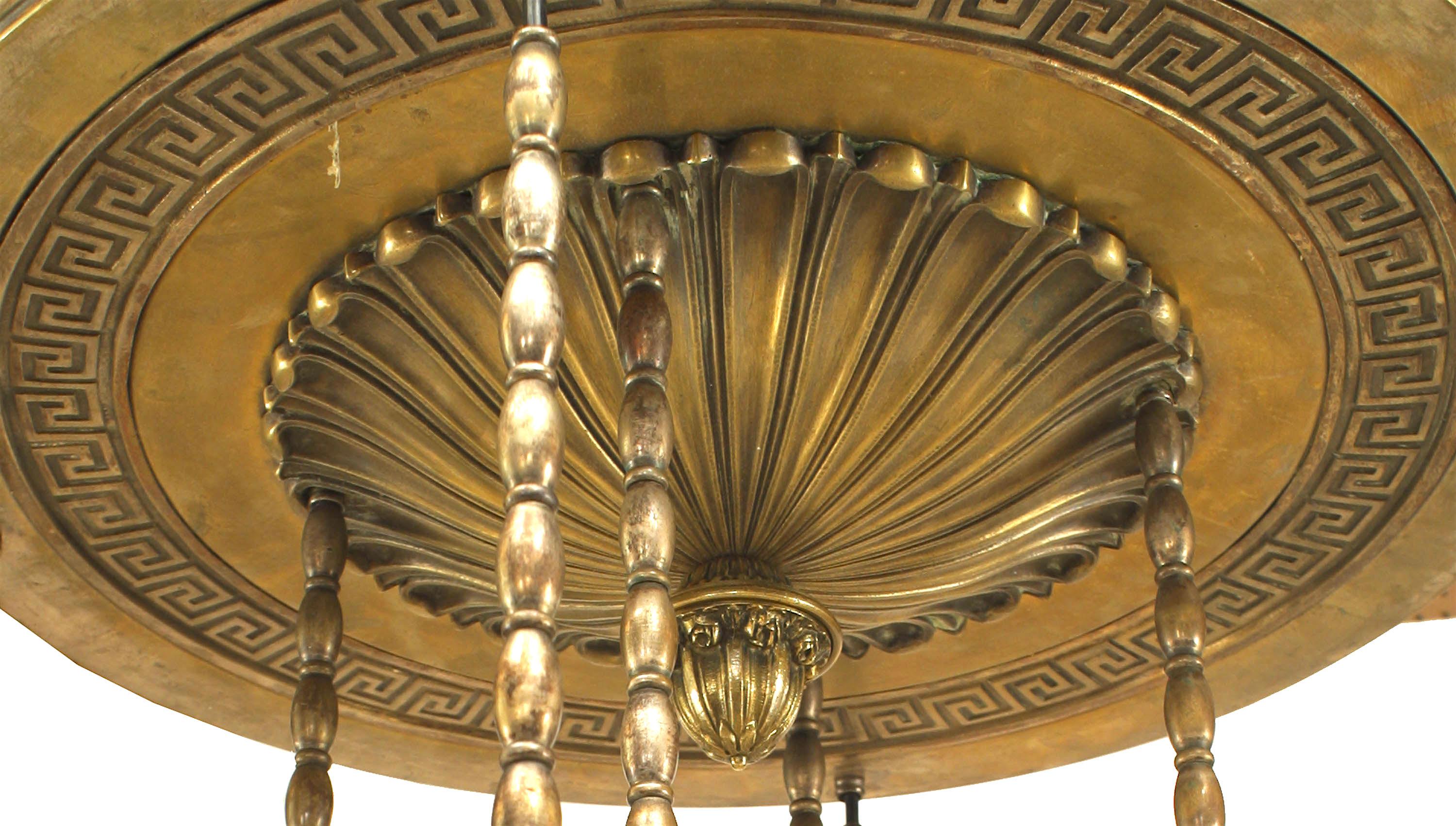 American Art Deco silver plate bronze chandelier with 4 glass shades and large round canopy. (I Comfort/Chicago mercury glass reflector uplight shade).
   