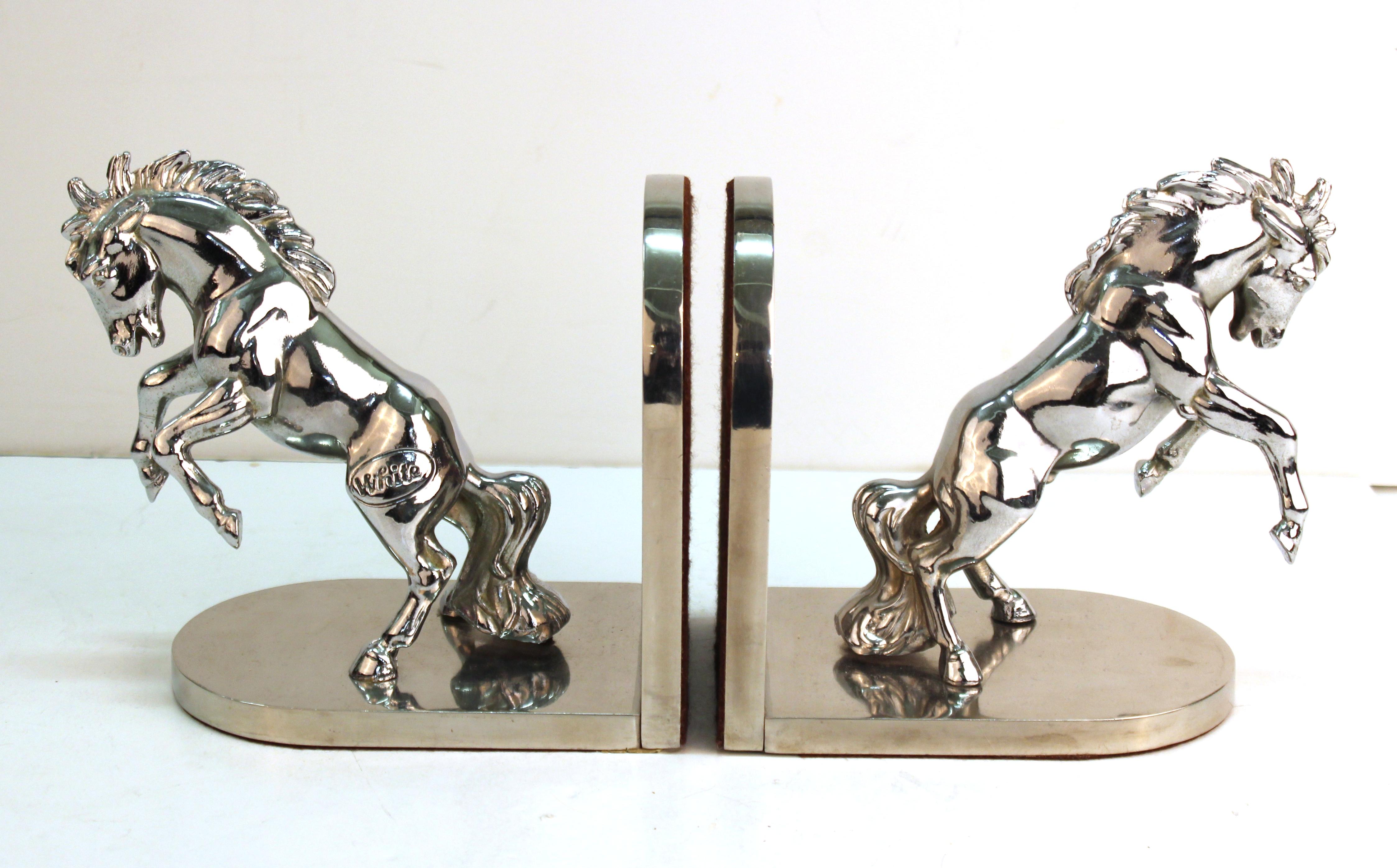 American Art Deco Silvered Bronze Horse Bookends Stamped 'White' In Good Condition In New York, NY