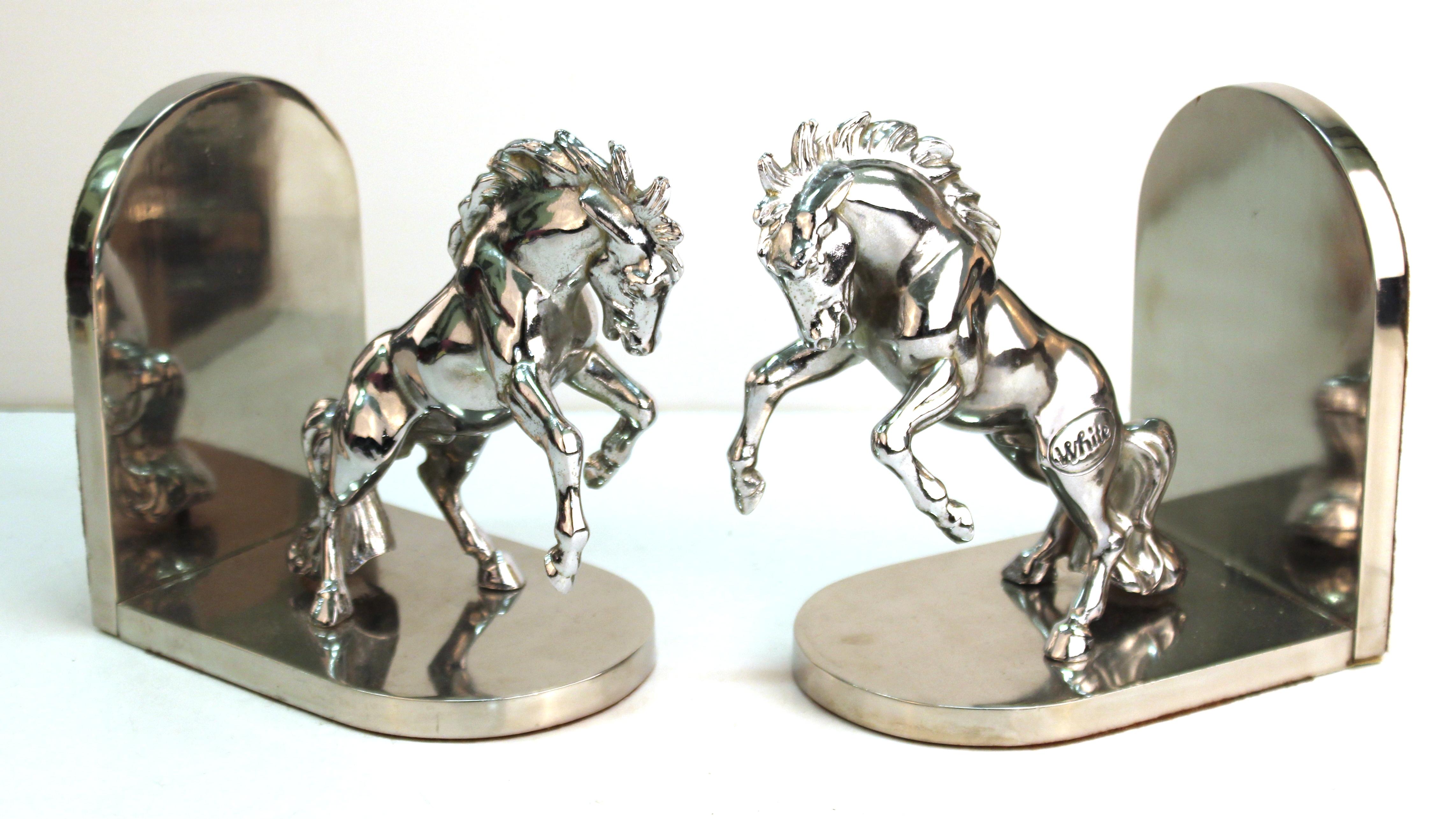 American Art Deco Silvered Bronze Horse Bookends Stamped 'White' 1