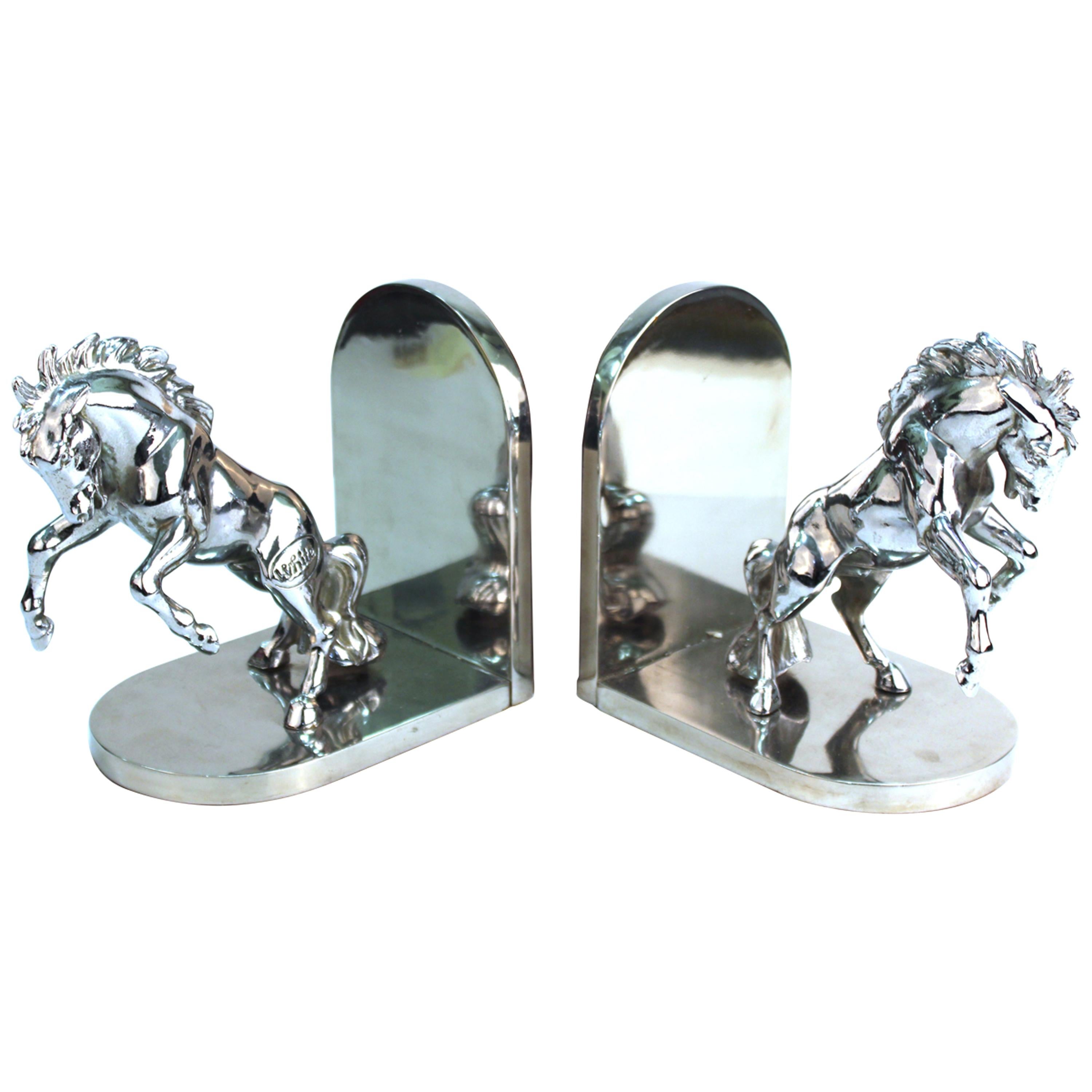 American Art Deco Silvered Bronze Horse Bookends Stamped 'White'