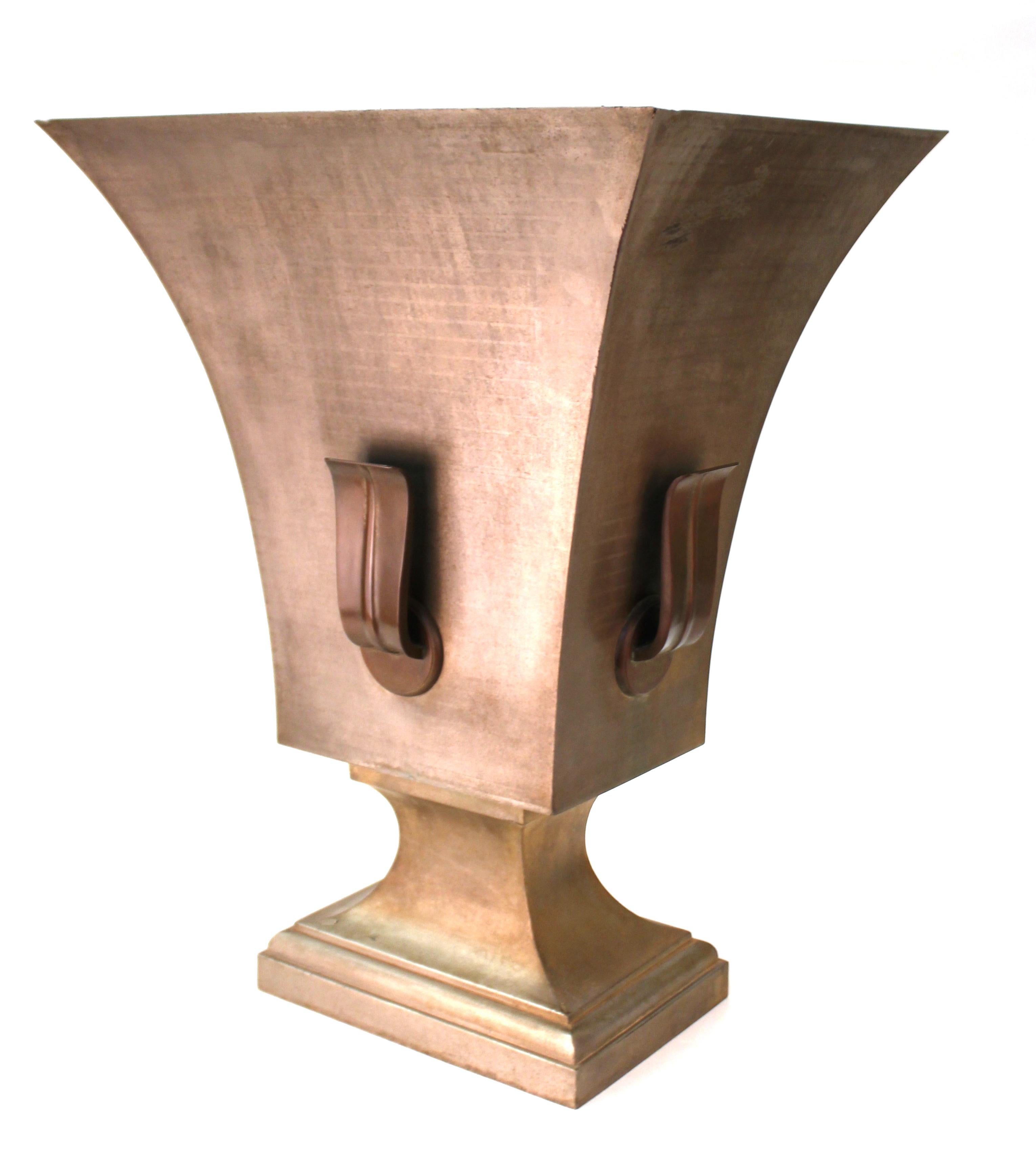 American Art Deco period neoclassical style urn-shaped table base in stripe-silvered brass with cast bronze handles. The piece dates to the late 1920s-early 1930s and was initially wired as a lamp. The piece comes without a tabletop. Age-appropriate