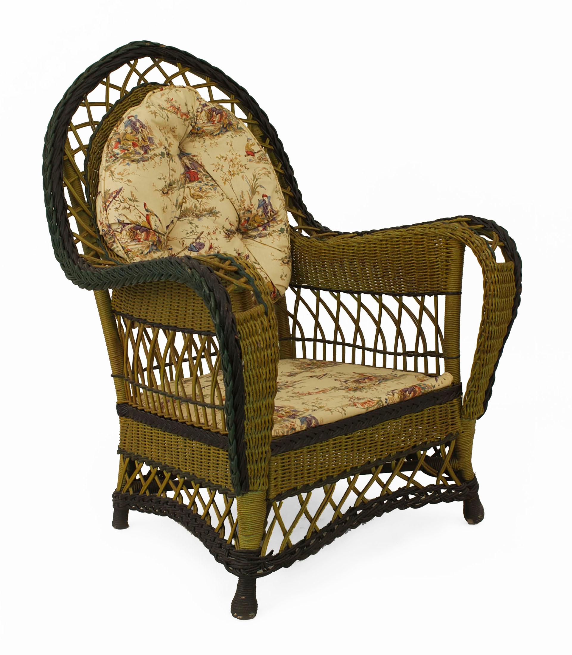 Set of 6 American Art Deco wicker salon / living room set painted green & yellow with an arch form back & open weave trim (sofa, 2 armchairs, rocker, recamier, coffee table)
