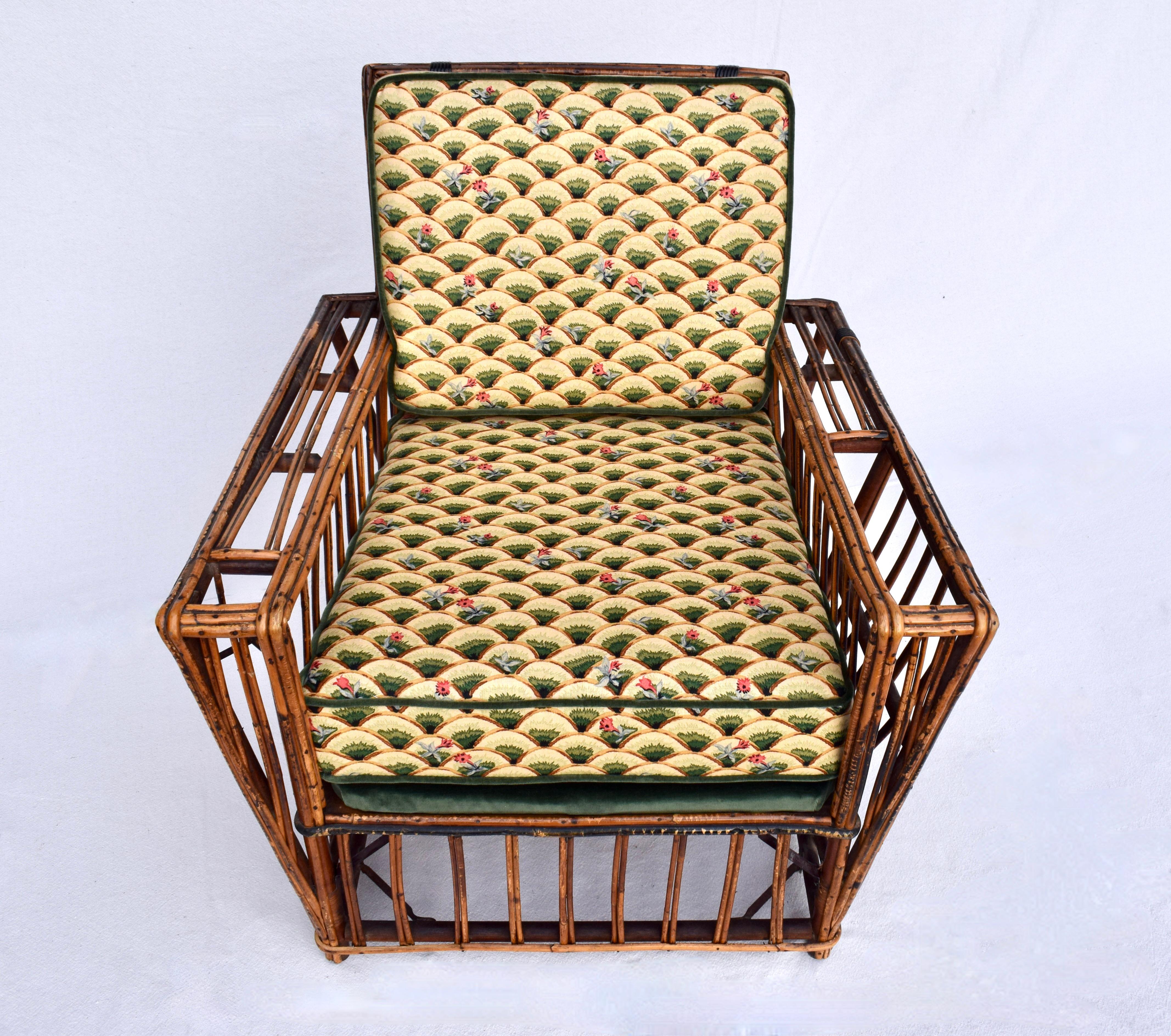 Linen American Art Deco Split Reed Stick Wicker Presidents Lounge Chair For Sale