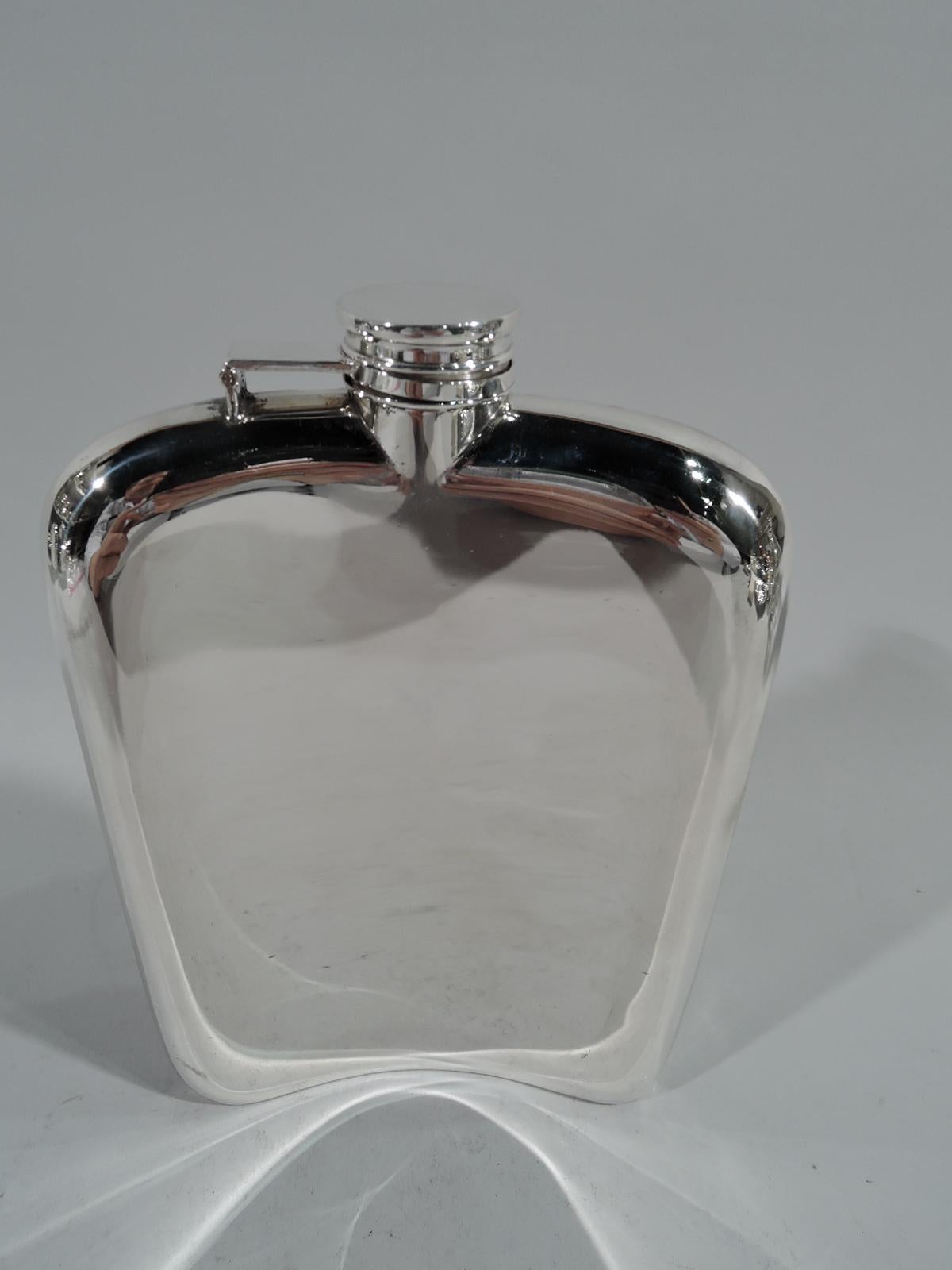 Art Deco sterling silver and 14-karat gold flask. Made by Elgin American Mfg Co. in Elgin, Illinois. On front is vertical striping with fine pinstripes and wider stripes in yellow and pink gold. Rectangular frame (vacant) applied at bottom. Hinged