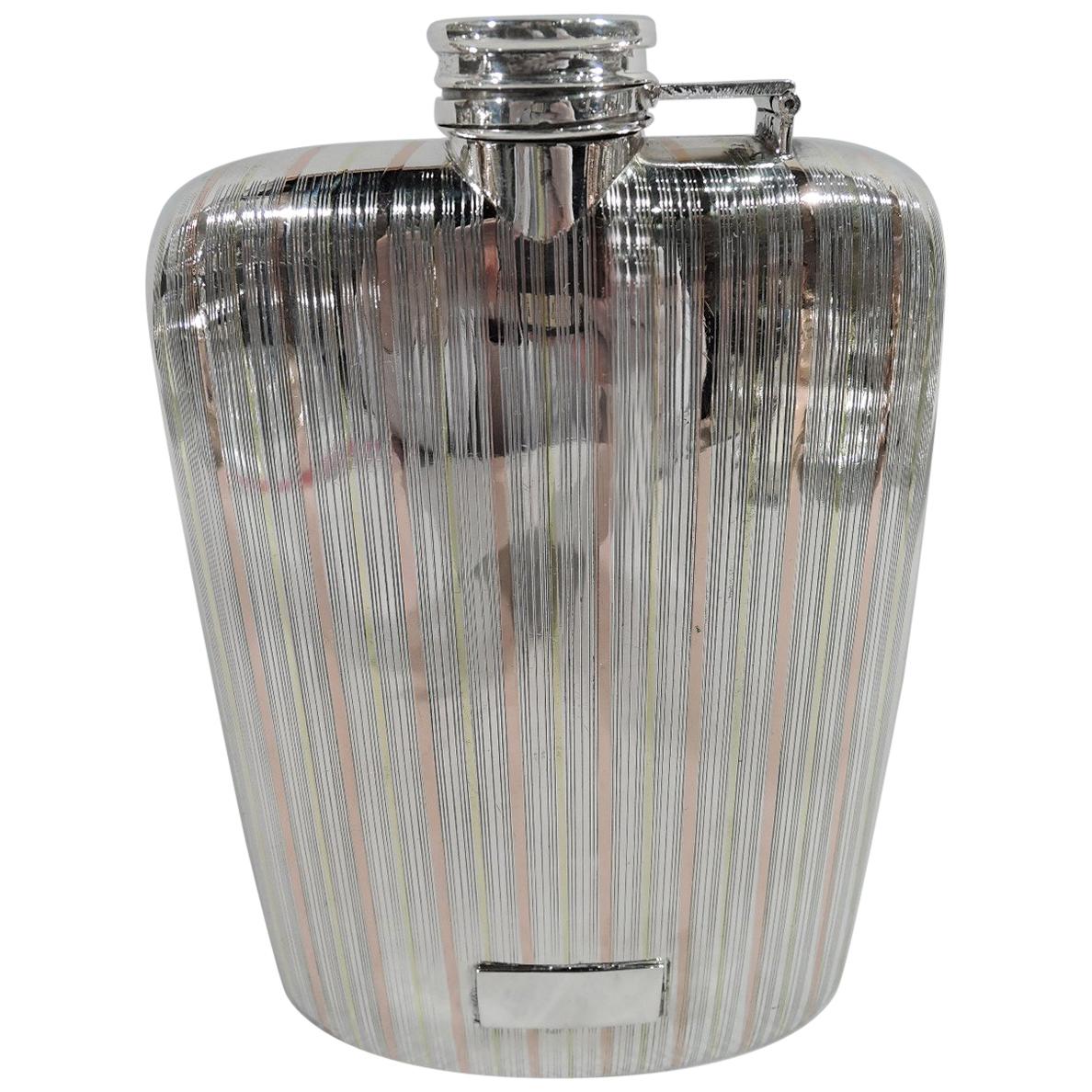 American Art Deco Sterling Silver and 14-Karat Gold Flask