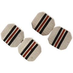 American Art Deco Sterling Silver and Black and Red Guilloche Enamel Cufflinks