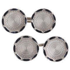 Antique American Art Deco Sterling Silver and Black Guilloche Enamel Cufflinks