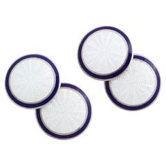 Antique American Art Deco Sterling Silver and Blue and White Guilloche Enamel Cufflinks