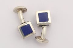 American Art Deco Sterling Silver and Blue Guilloche Enamel Cufflinks