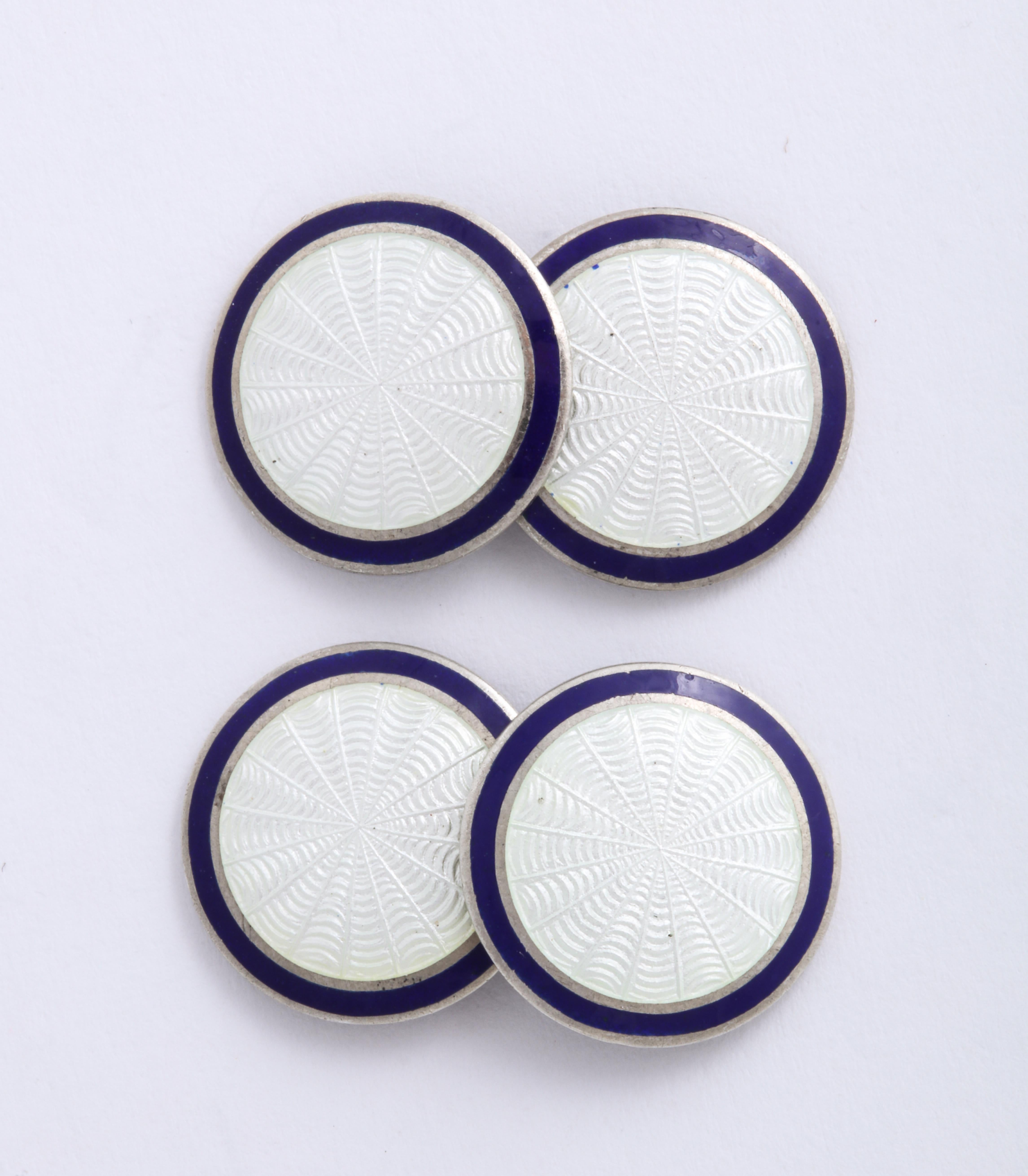 Men's American Art Deco Sterling Silver and Blue and White Guilloche Enamel Cufflinks For Sale