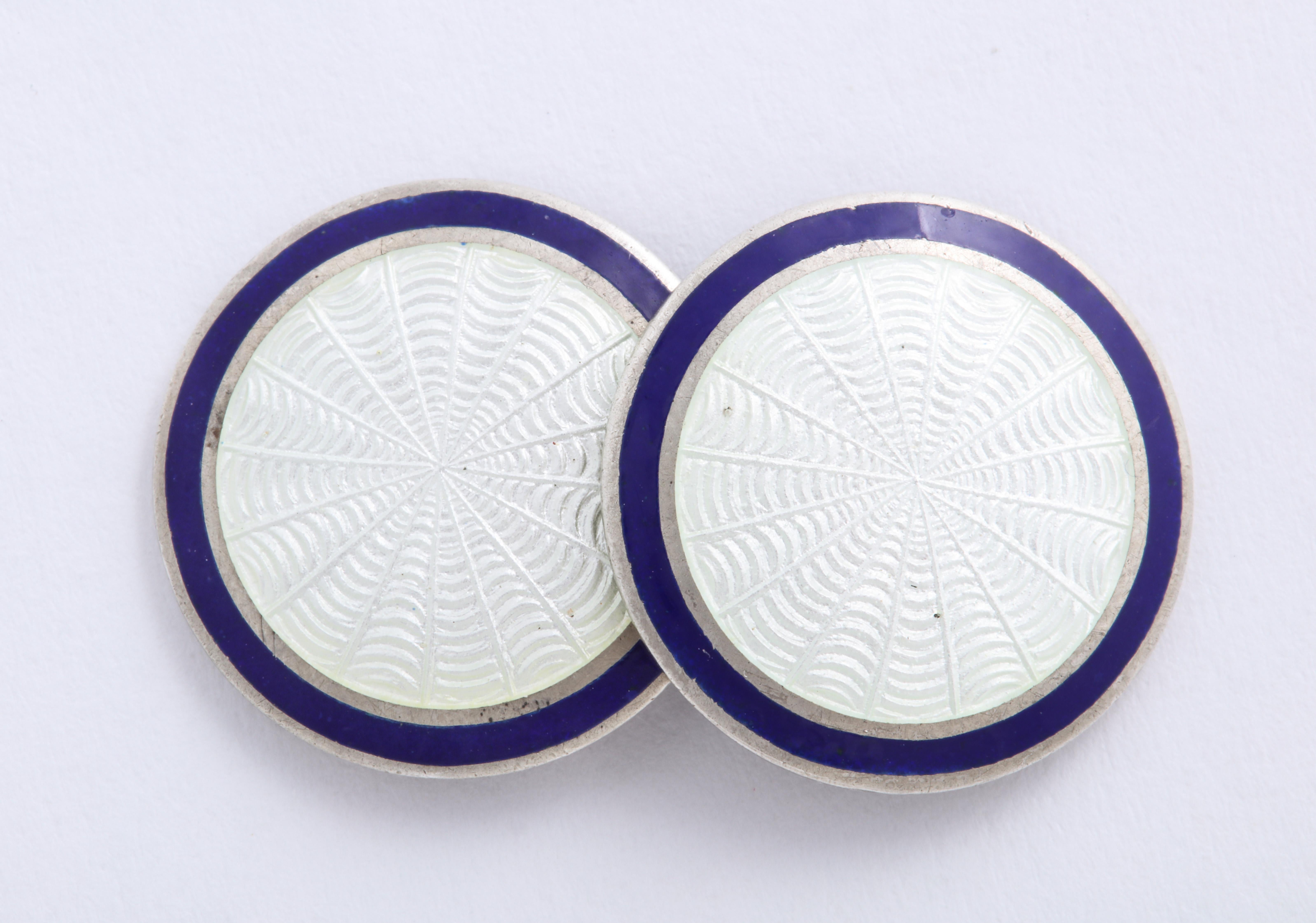 American Art Deco Sterling Silver and Blue and White Guilloche Enamel Cufflinks For Sale 1