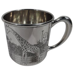American Art Deco Sterling Silver Baby Cup with Circus Animals