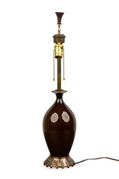 American Art Deco-Style Oxblood Red Porcelain and Brass Table Lamp