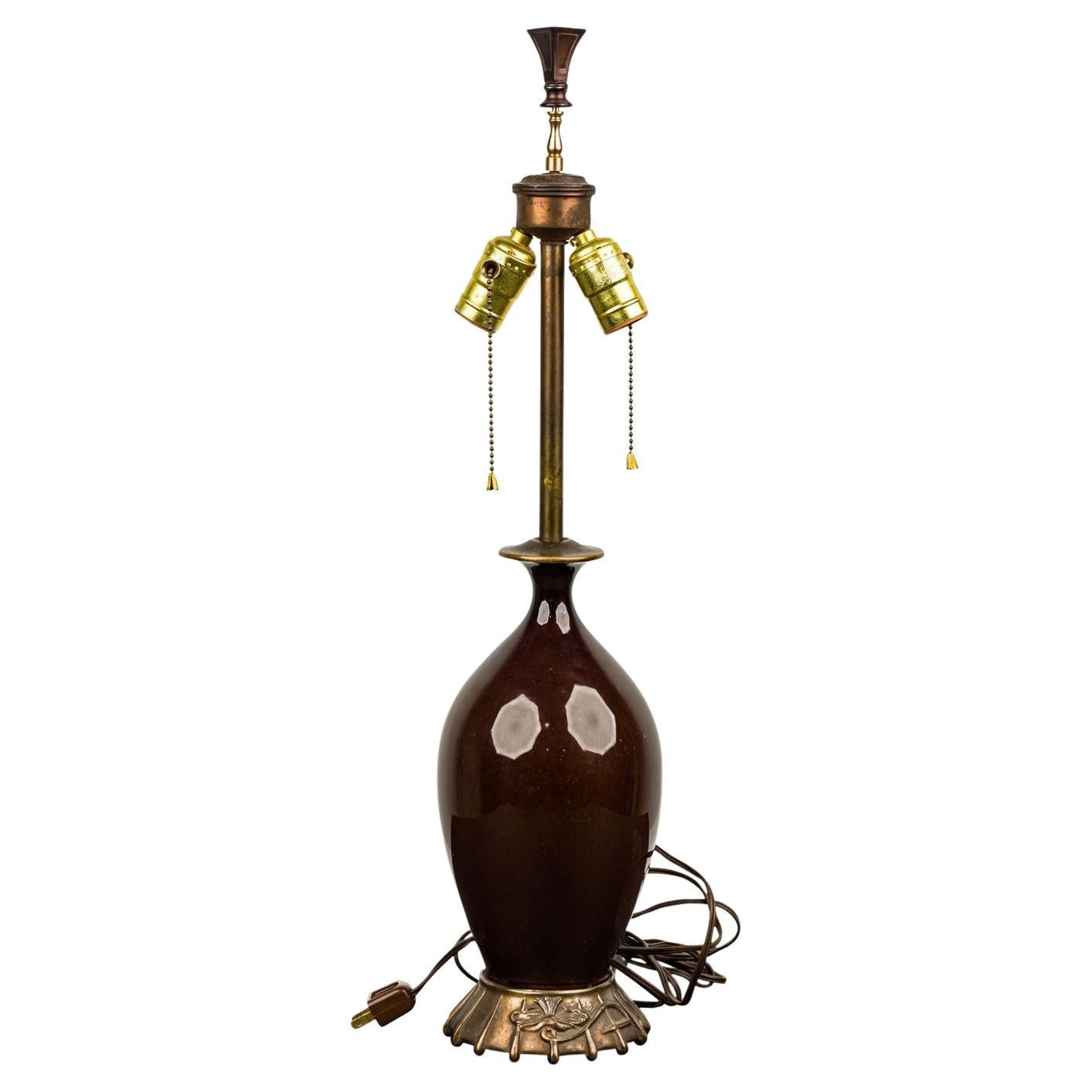 American Art Deco Table Lamp, Oxblood Red Ceramic Body, Bronze Base