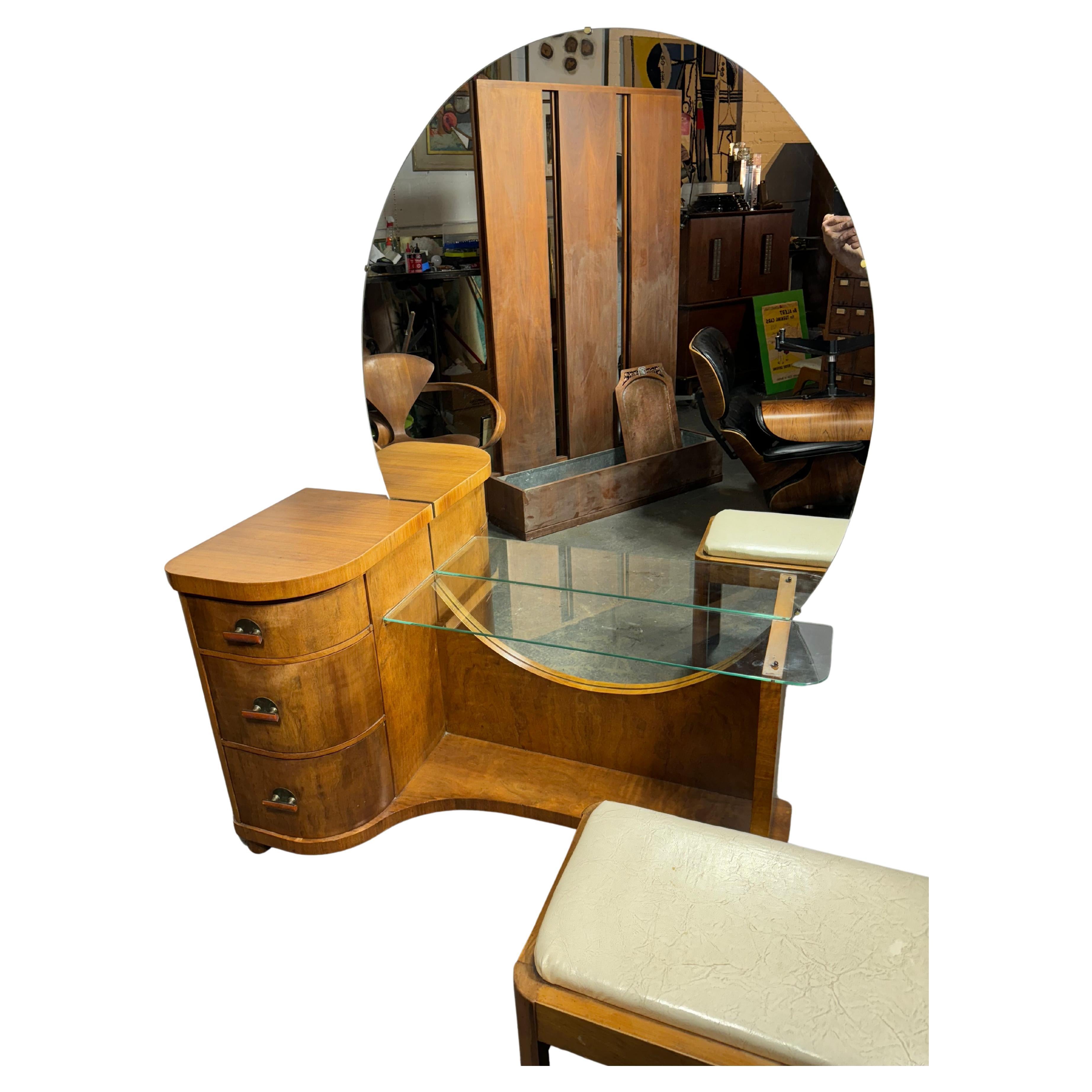 Amerikanischer Art-Déco-Schmink-/Schminktisch und Bank im Art déco-Stil von Henry STEUL & Söhne (amerikanisch)