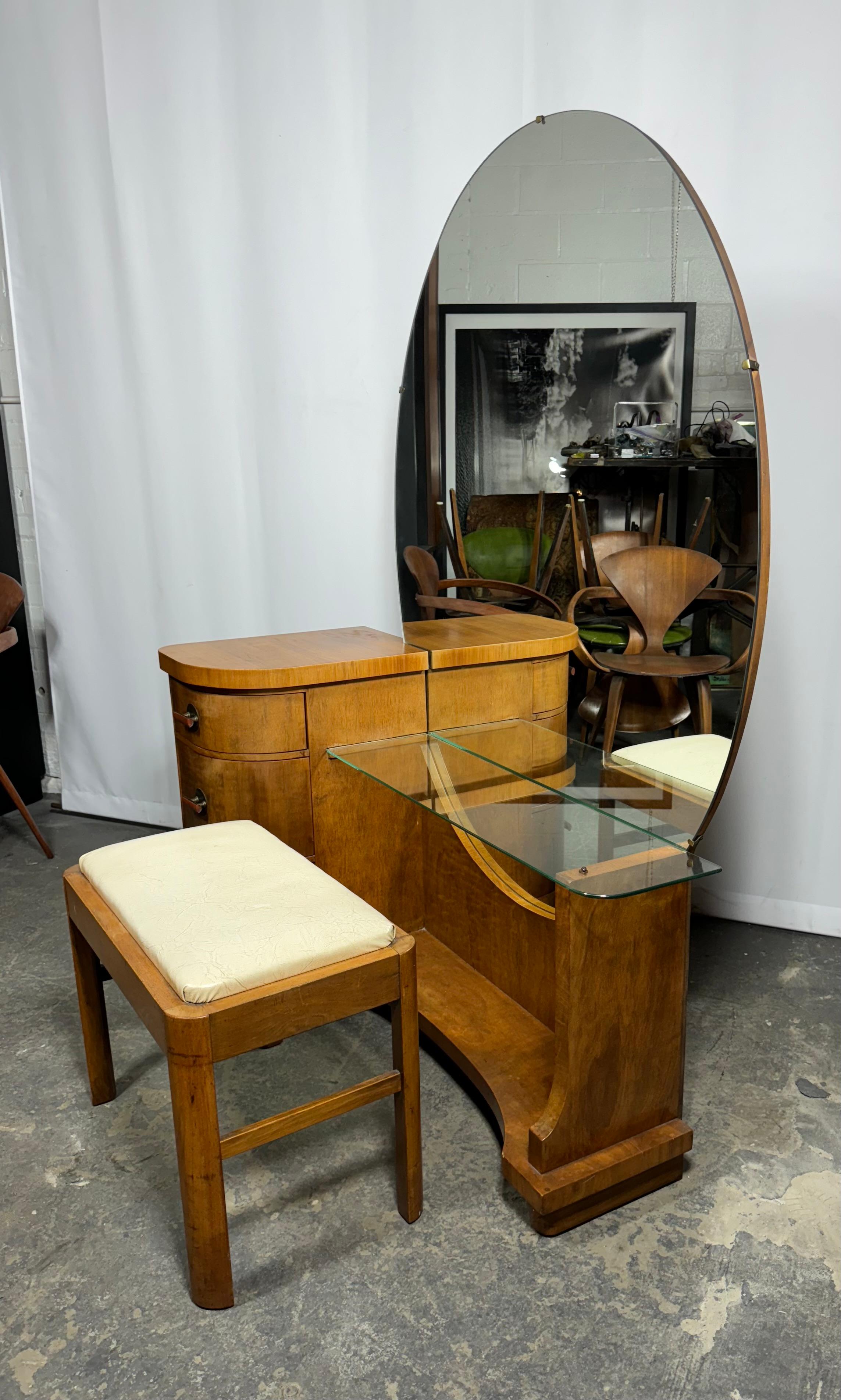 Amerikanischer Art-Déco-Schmink-/Schminktisch und Bank im Art déco-Stil von Henry STEUL & Söhne 2