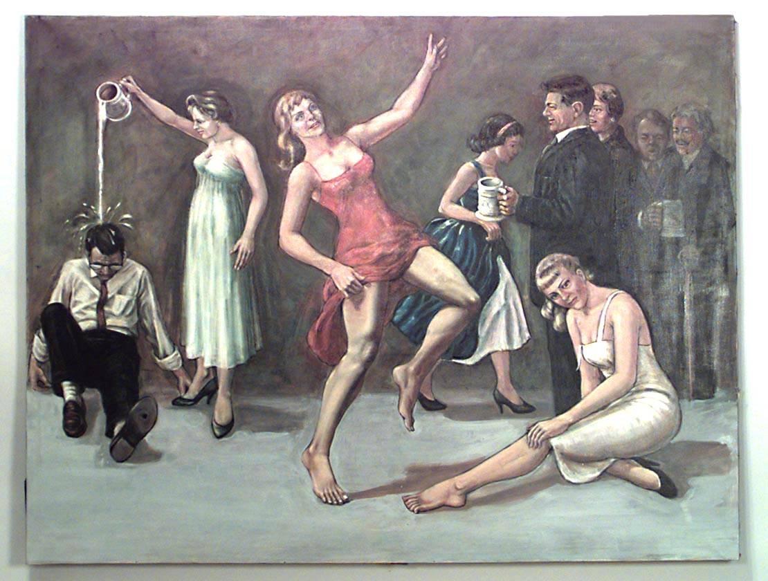 American Art Moderne 1940s five panel mural oil painting of 1930 bar scene with piano player.
 