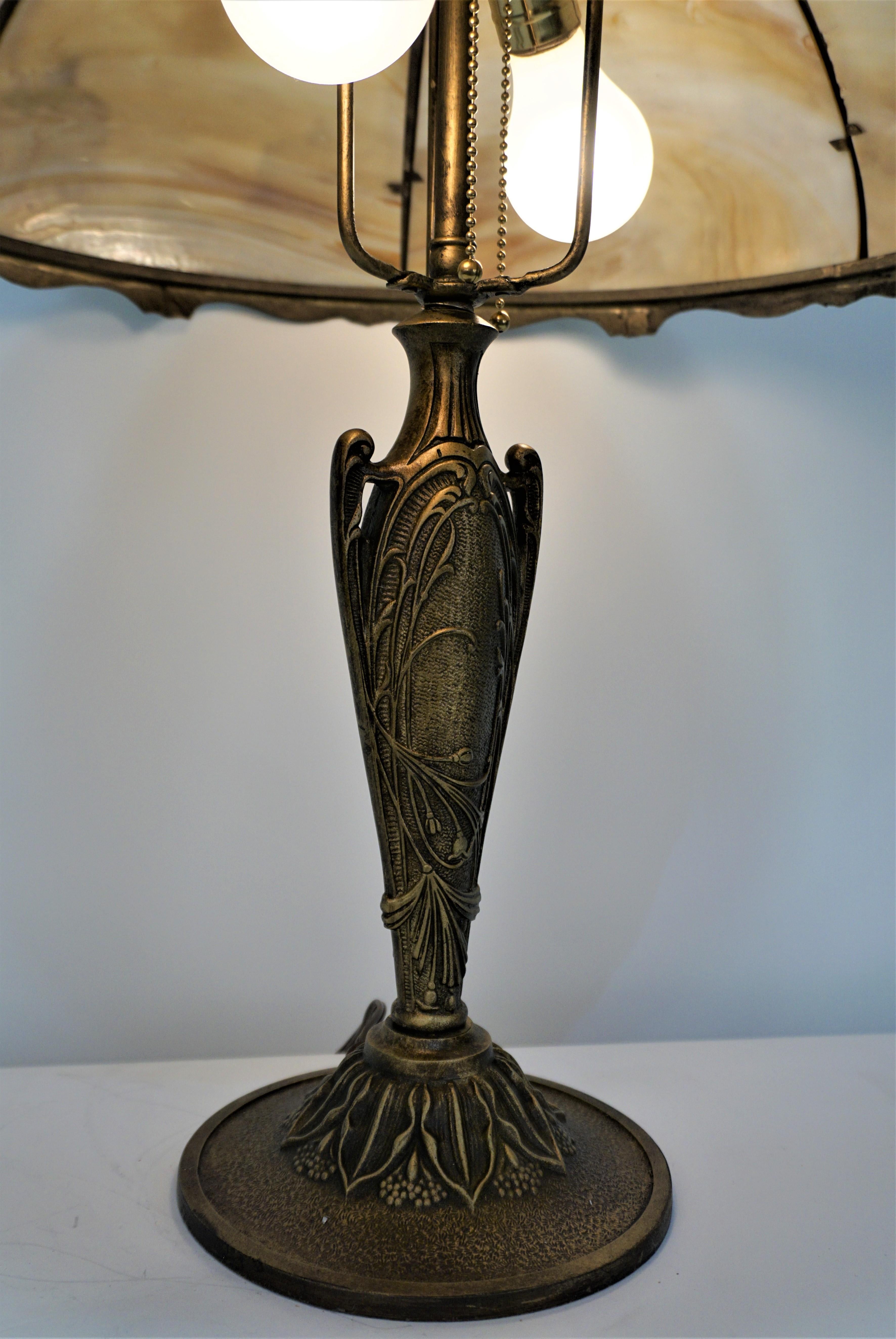 Metal American Art Nouveau American Slag Glass Table Lamp, Early 20th Century