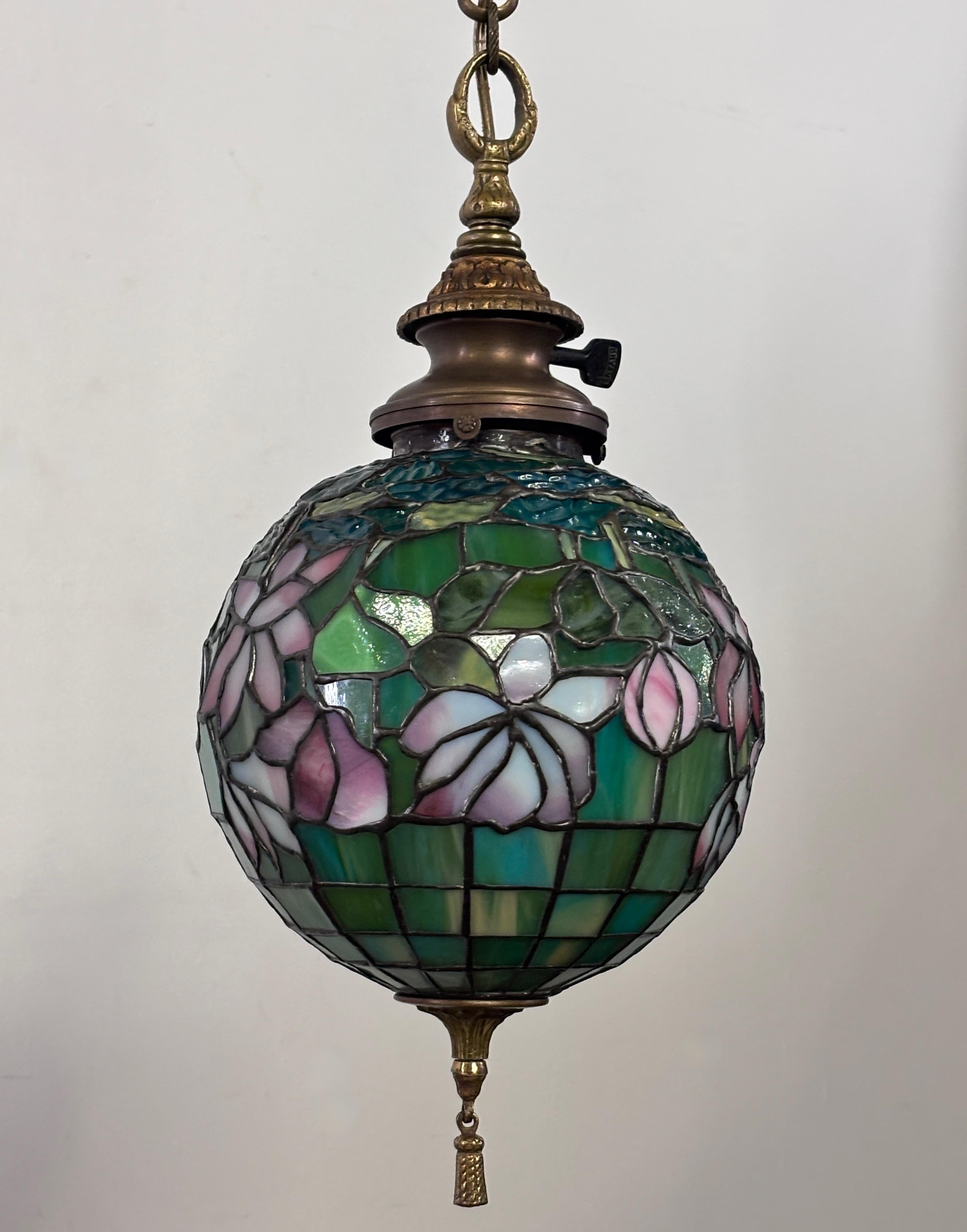 20th Century American Art Nouveau / Arts & Crafts Leaded Glass Orb Pendent Light Fixture