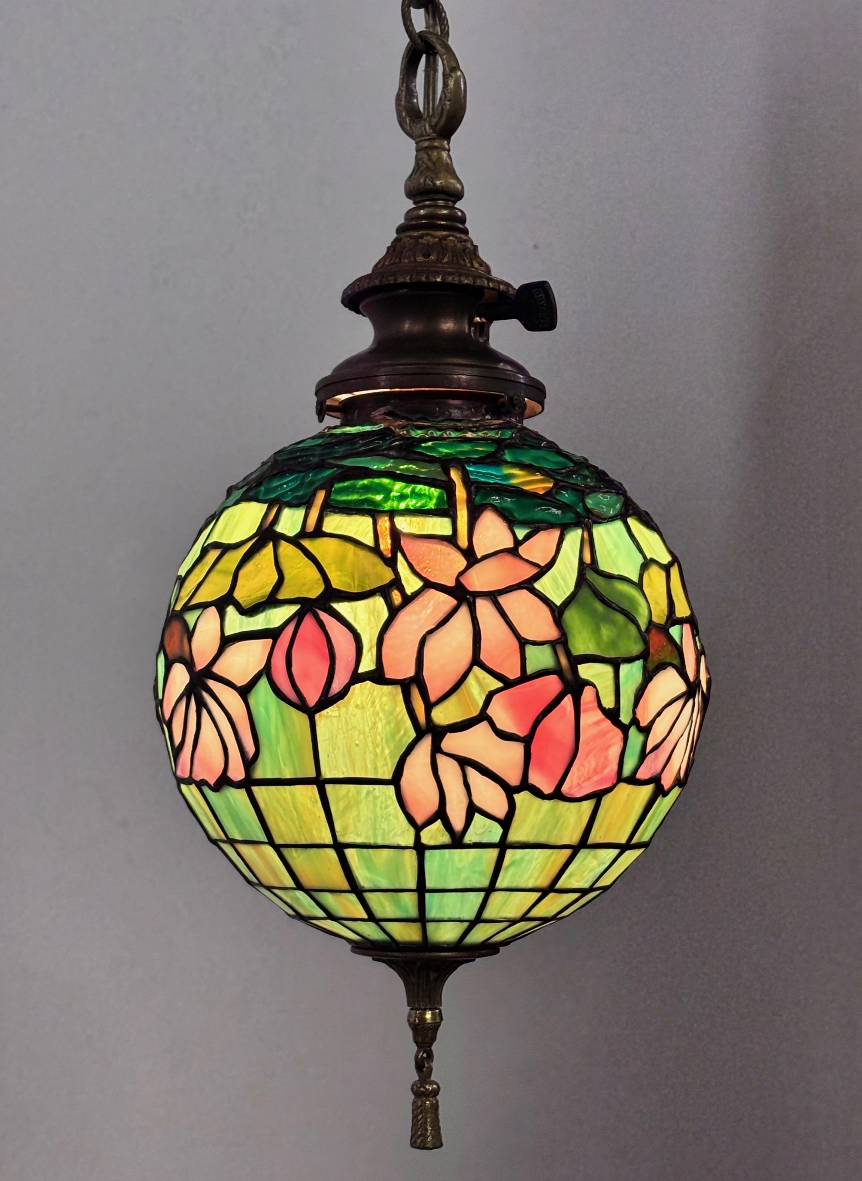 American Art Nouveau / Arts & Crafts Leaded Glass Orb Pendent Light Fixture 1