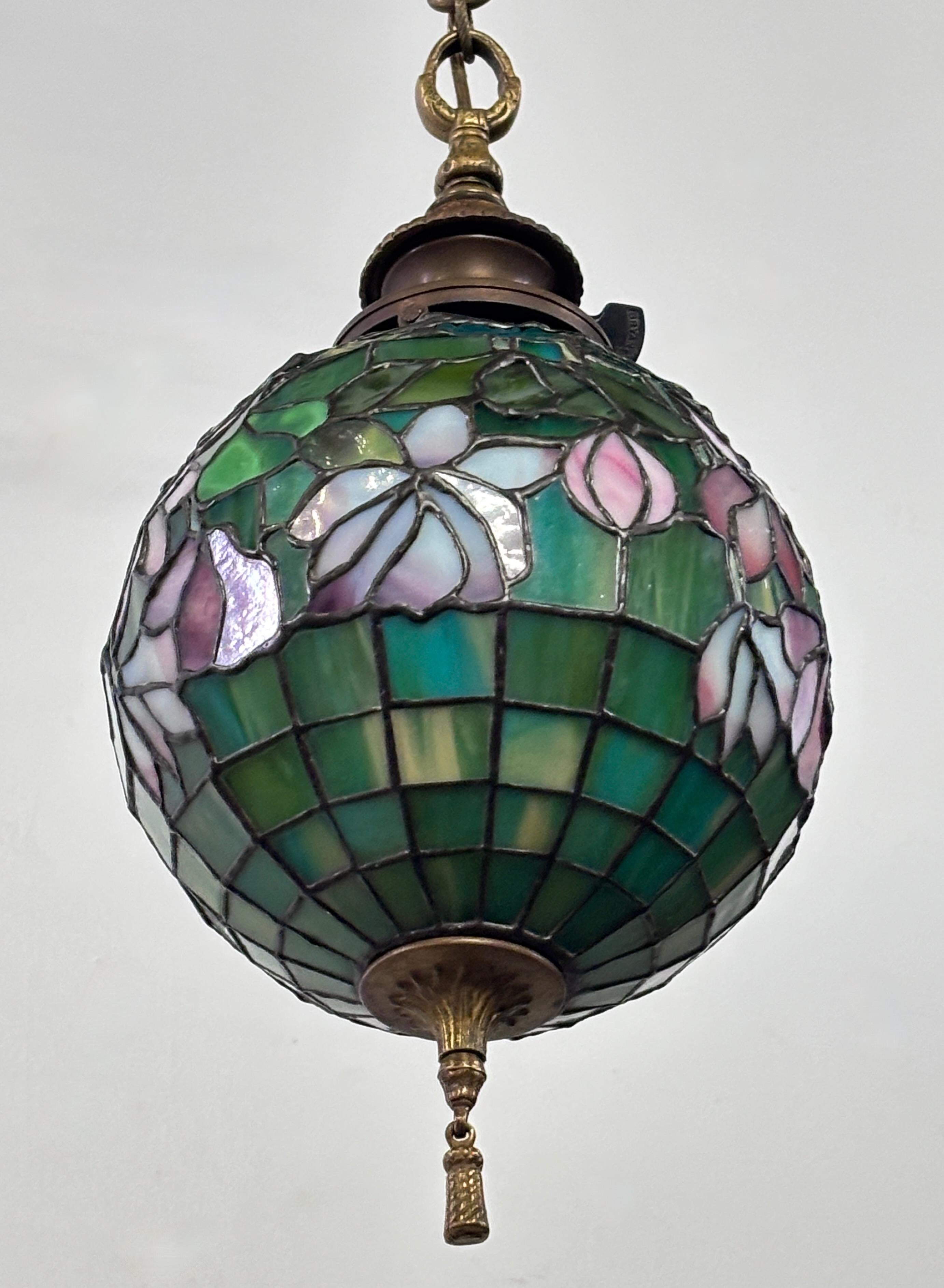 American Art Nouveau / Arts & Crafts Leaded Glass Orb Pendent Light Fixture 2