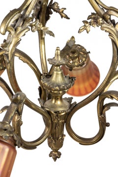 American Art Nouveau Bronze 6-Arm Chandelier with Carnival Glass Globes
