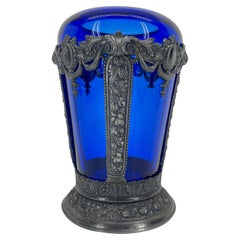 American Art Nouveau Cobalt Blue Glass and Pewter Vase, Late 19th Century