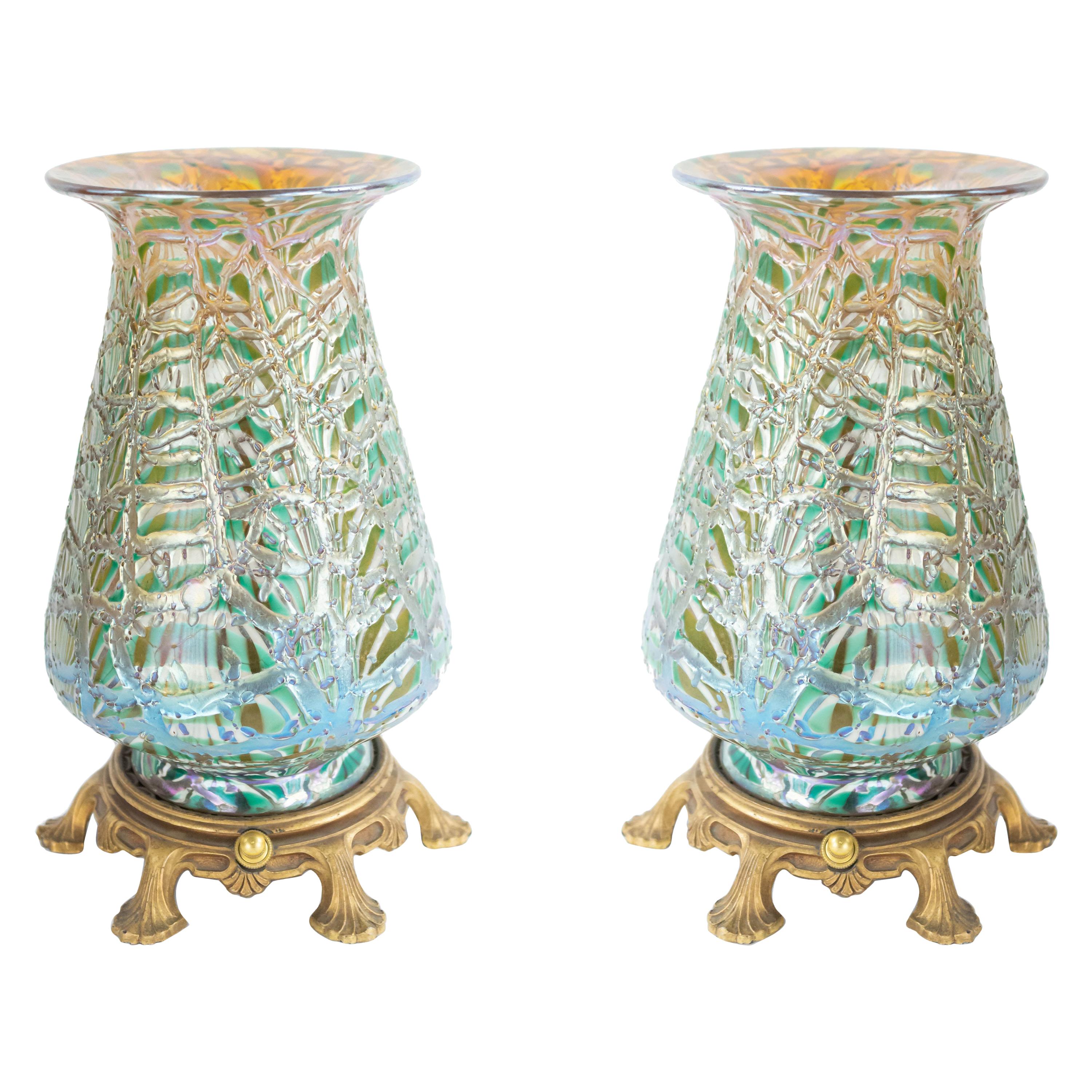 American Art Nouveau Durand Green Glass Table Lamps