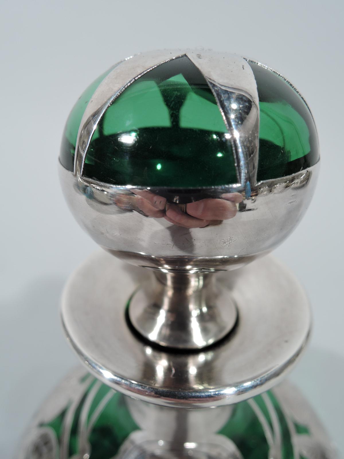 20th Century American Art Nouveau Emerald Glass and Silver Overlay Perfume Bottle