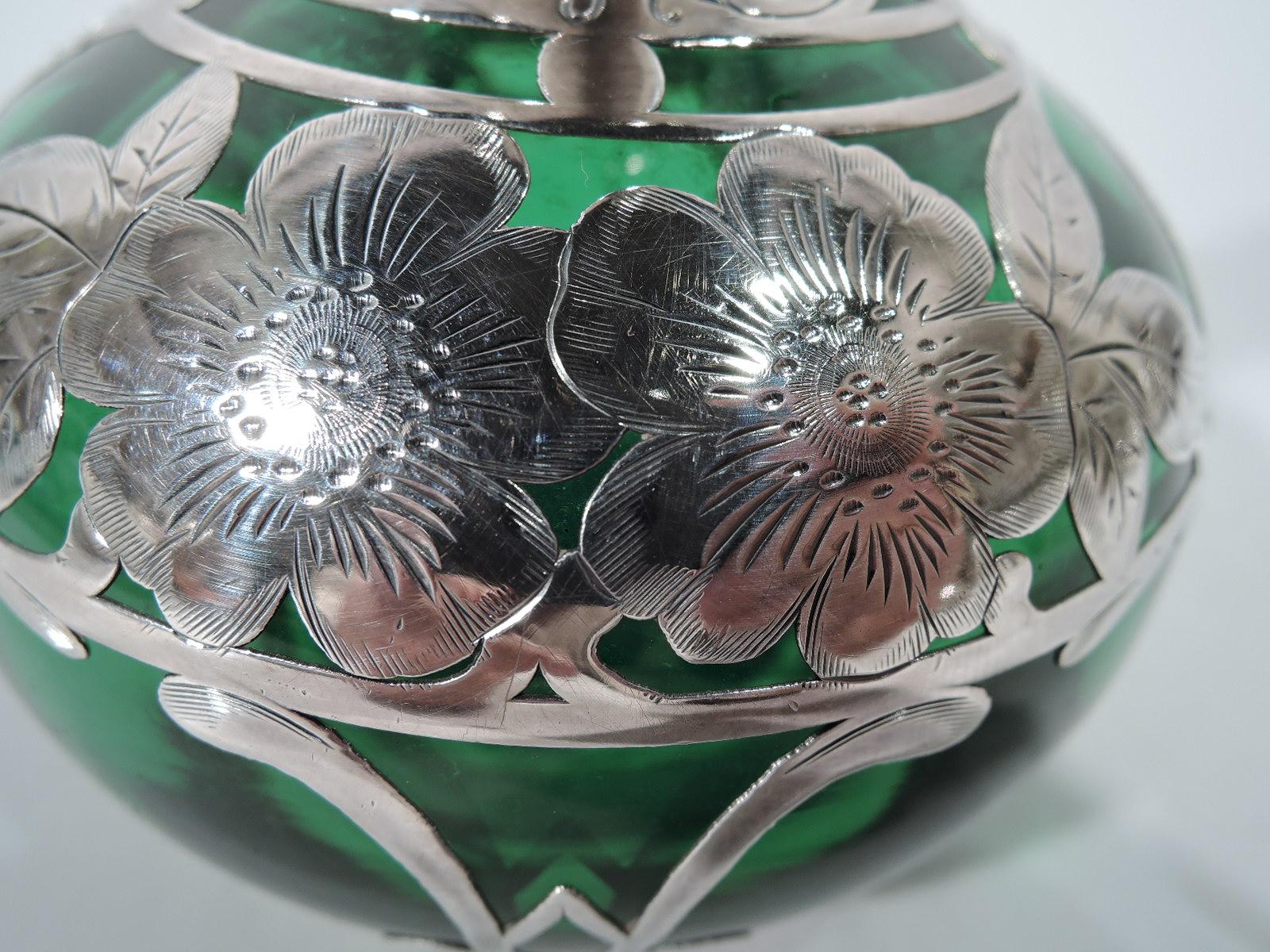 Sterling Silver American Art Nouveau Emerald Glass and Silver Overlay Perfume Bottle